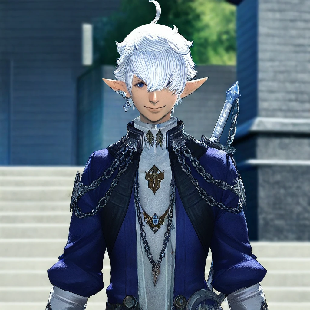 masterpiece, best quality, absurdres, very aesthetic, Alphinaud, looking at viewer, smile, short hair, gloves, jewelry, upper body, pointy ears, elezen, 1boy, male focus, weapon, ahoge, outdoors, sword, hair over one eye, blurry, blurry background, chain, straight-on, blue coat, weapon on back