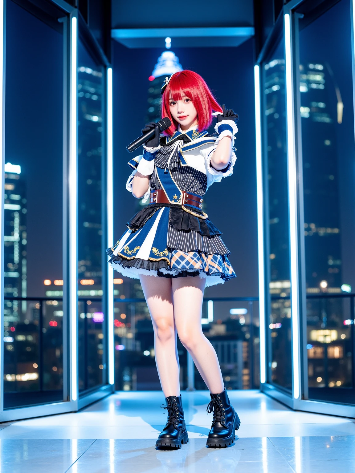 A realistic photo of a beautiful woman in cyb-arimakana cosplay costume. She is also wearing wrist cuffs and black gloves and ankle boots. She has red hair with hair ornament. She is standing and holding a microphone in dynamic pose. The background is an avant-garde idol stage with neon light surrounded by towering skyscrapers visible through glass walls at night. The photo is a full body shot with her entire body visible and with detail background.