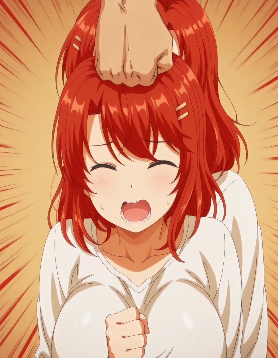 masterpiece, best quality, amazing quality,, <lora:yui-obata-ova-illustriousxl-lora-nochekaiser:1>, yui obata, medium hair, hair ornament, red eyes, red hair, hairclip, mature female, breasts, anime screencap, <lora:punching-top-of-head-illustriousxl-lora-nochekaiser:1>, punching top of head, punching, emphasis lines, open mouth, clenched fist, closed eyes, simple background,