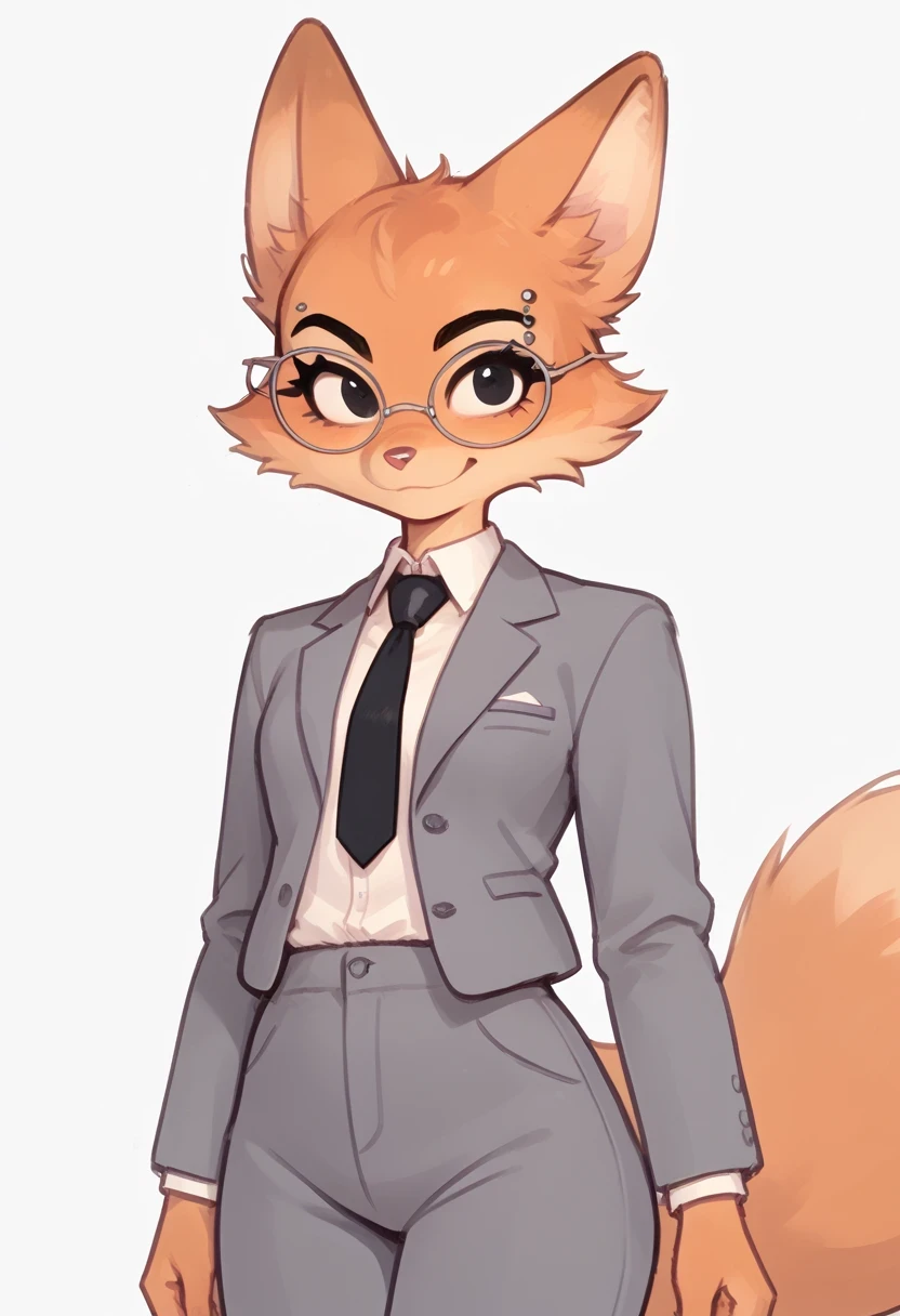 score_9, score_8_up, score_7_up, 1girl, Dian3Fox, fox, anthro, furry, ginger fur, black eyes, silver piercing on eyebrow, round glasses, fox ears, gray blazer, white shirt, black tie, gray pants, gray high heels, folded shirt collar