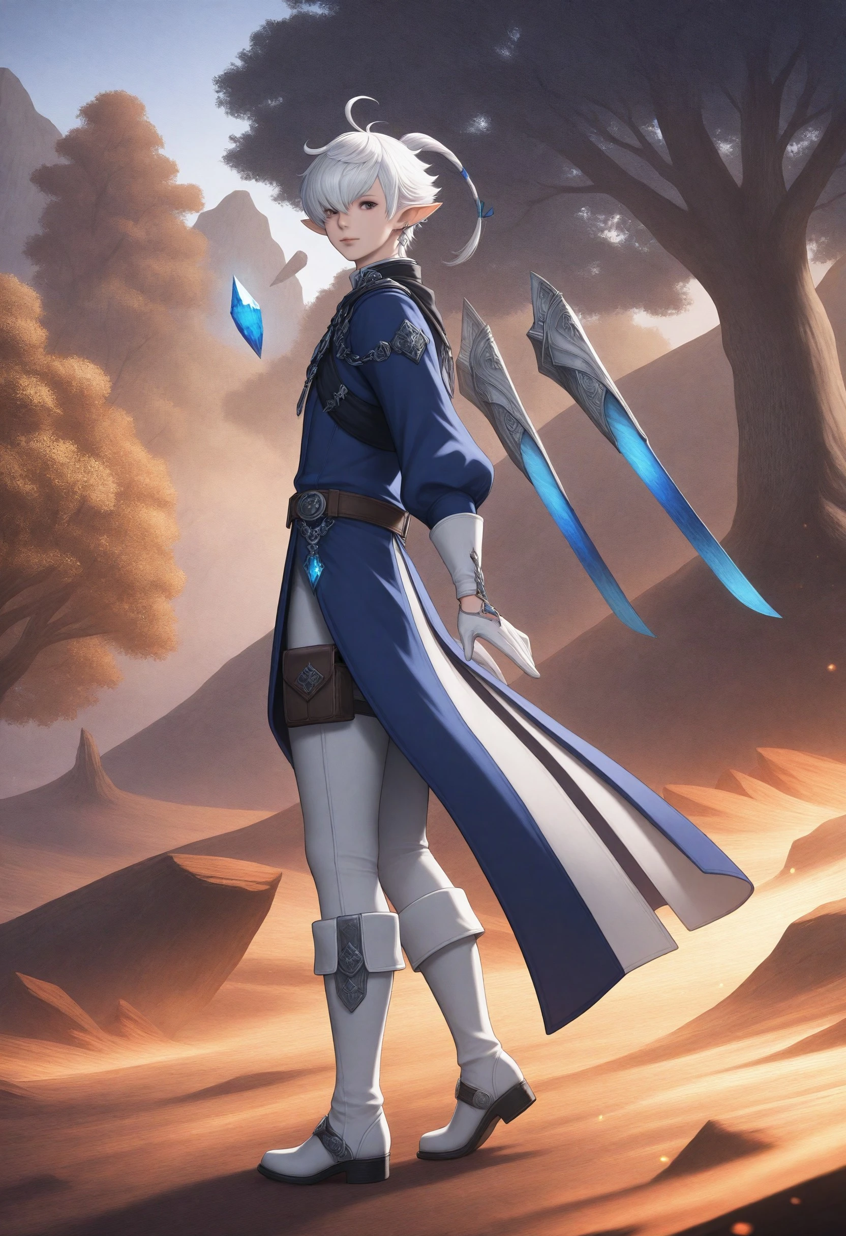 very awa,masterpiece,best quality,year 2024,newest,highres,absurdres, Alphinaud, 1boy, male focus, ooking at viewer, short hair, gloves, long sleeves, jewelry, standing, full body, ahoge, boots, outdoors, belt, pants, white gloves, from side, tree, coat, crystal, blue coat, floating object, floating weapon, <lora:0cb86c39-c8f6-44c1-a34c-6c13d383ea53:0.8>
