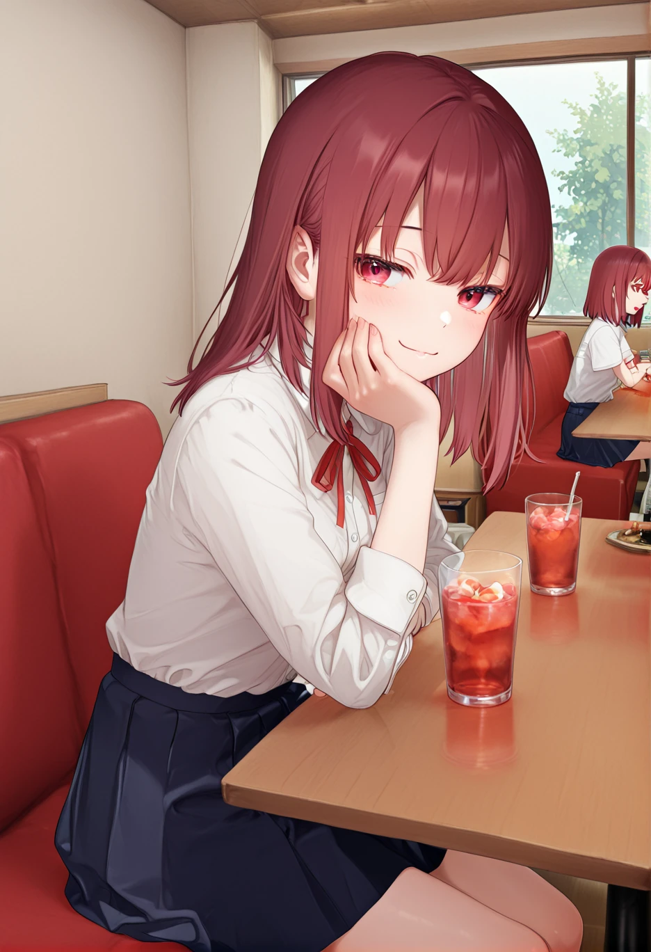 great quality,2girls,almic,(akakura,ogipote,:0.75),table,window,family restaurant,restaurant,indoors,couch,sitting,transparent glass ,wooden table, <lora:ENStyle:0.7> <lora:shimmering:0.7>,, <lora:momisanC:0.6> white shirt,school shirt,pocket and button shirt,dark blue skirt, ,Resting one's cheek in the palm of the hand,surprised,girl with a flattering and well-proportioned body,,looking at viewer,tilt head,<lora:Family_Restaurant_Inside:0.9>
BREAK
red hair, medium hair,red eyes,small breasts,,white shirt,school shirt,pocket and button shirt,,table,window,family restaurant,restaurant,indoors,couch,sitting,glass,
BREAK
purple hair,medium hair,(low twintails:1.15),grey eyes,(sincos,egami:0.8),(jitome:0.6),medium large breasts,table,window,family restaurant,restaurant,indoors,couch,sitting,glass, smile