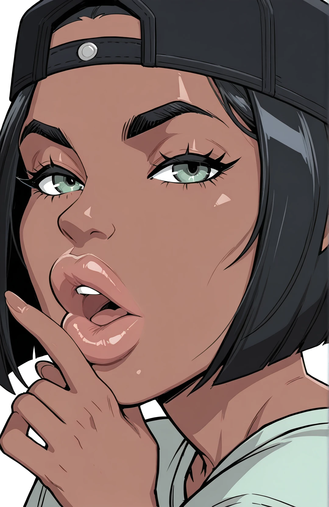 1girl, solo, 18 year old girl, bob cut, black hair, green eyes, backwards hat, baseball cap, sensual, sexy, seductive, open mouth, looking at viewer, from side, face focus, dark-skinned female, lipgloss, upper teeth only, pinky to mouth, 
<lora:Bolted_On_Lips_v3:0.6>,
 bolted on lips, puffy lips, big lips, filler lips <lora:[Pixiqueenie] Marvel Rivals Collection Western ImageSet Style Illustrious:1>