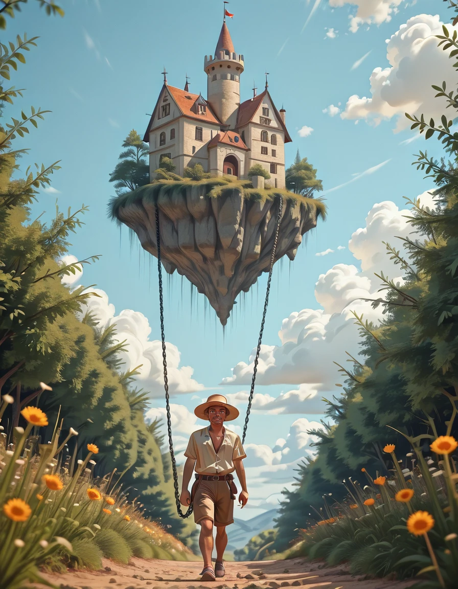 <lora:MW_Minis01ill:1> mwm01. A rugged traveler walks directly toward the viewer down a grassy, sun-drenched path flanked by tall wildflowers and distant hills. He wears a weathered explorer outfit with an open shirt, utility pants, a leather belt, and a wide-brimmed straw hat. In each hand, he grips thick iron chains that stretch upward, connecting to a floating island above. On the floating island rests a small, stone fairytale castle with conical rooftops, nestled among trees and greenery. The chains are tightly drawn, emphasizing the magical burden heâs pulling through the sky. Bright daylight, fluffy clouds, whimsical atmosphere, cinematic fantasy realism, centered eye-level perspective, emphasis on the surreal contrast between grounded human and levitating architecture.