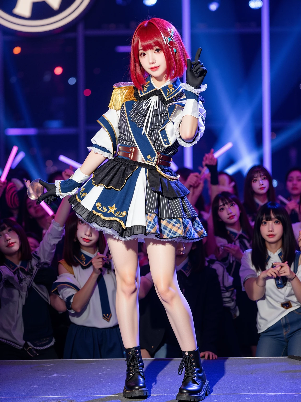 A realistic photo of a beautiful woman in cyb-arimakana cosplay costume. She is also wearing wrist cuffs and black gloves and ankle boots. She has red hair with hair ornament. She is standing and holding a microphone in dynamic pose. The background is in a small, intimate venue. The stage is adorned with colorful lights and a backdrop featuring the idol group's logo. The audience is filled with enthusiastic fans waving glow sticks, creating a mesmerizing sea of color. The photo is a full body shot with her entire body visible and with detail background.