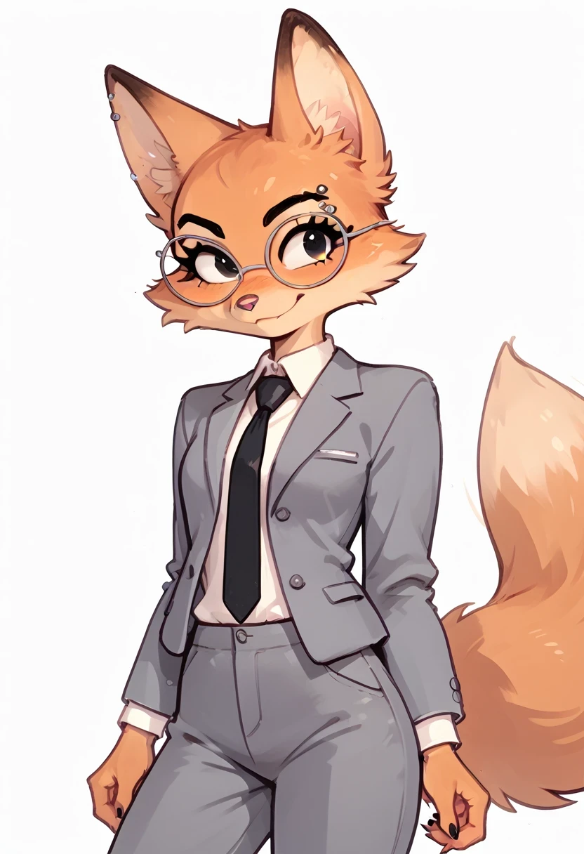 score_9, score_8_up, score_7_up, 1girl, Dian3Fox, fox, anthro, furry, ginger fur, black eyes, silver piercing on eyebrow, round glasses, fox ears, gray blazer, white shirt, black tie, gray pants, gray high heels, folded shirt collar