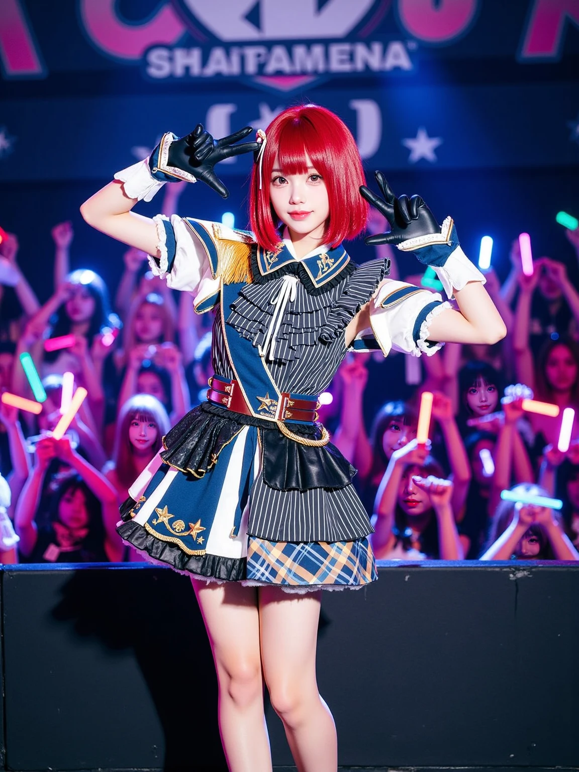 A realistic photo of a beautiful woman in cyb-arimakana cosplay costume. She is also wearing wrist cuffs and black gloves and ankle boots. She has red hair with hair ornament. The background is in a small, intimate venue. The stage is adorned with colorful lights and a backdrop featuring the idol group's logo. The audience is filled with enthusiastic fans waving glow sticks, creating a mesmerizing sea of color. The photo is a full body shot with her entire body visible and with detail background.