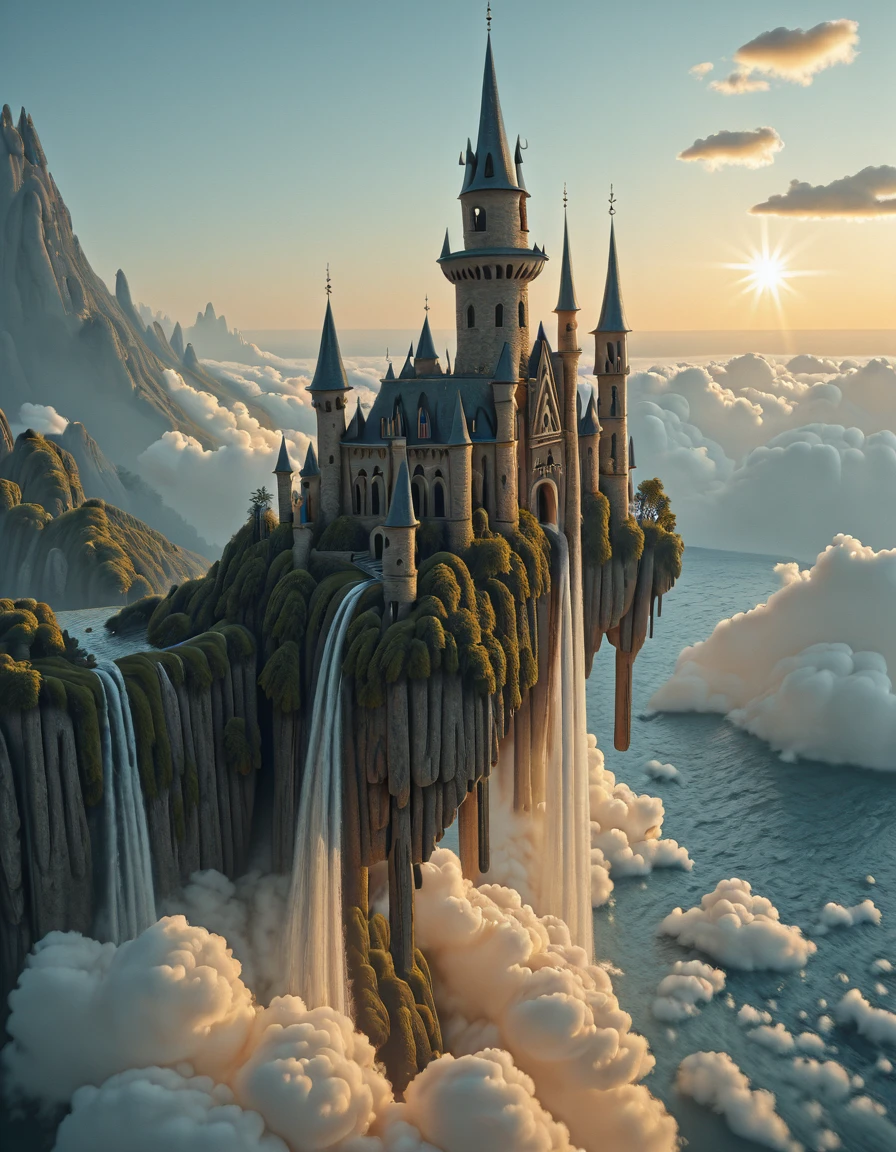 <lora:MW_Minis01ill:1> mwm01. A breathtaking fantasy castle with tall spires and arched foundations, floating above the clouds on elegant stone pillars. The castle glows warmly from within, its windows lit against the twilight sky. A radiant star shines at the tip of the tallest spire, with a comet streaking across a starry night sky above. Below, sunrays pierce through the clouds, casting long shadows on the lush green valleys and winding paths of the landscape far below. The scene blends elements of both dusk and starlight, creating a surreal, magical ambiance. The view angle is high and slightly angled downwards, emphasizing the majestic height of the structure and its ethereal placement above the world. Ultra-detailed, magical realism, cinematic fantasy lighting, dreamlike atmosphere, Studio Ghibli meets Renaissance fairytale aesthetic. T10, landscape, mountains, waves, rocks, tree, vegetation, moss, rough sea, waterfall, ruins, sunset, blue, orange, yellow, brown, T1, bokeh