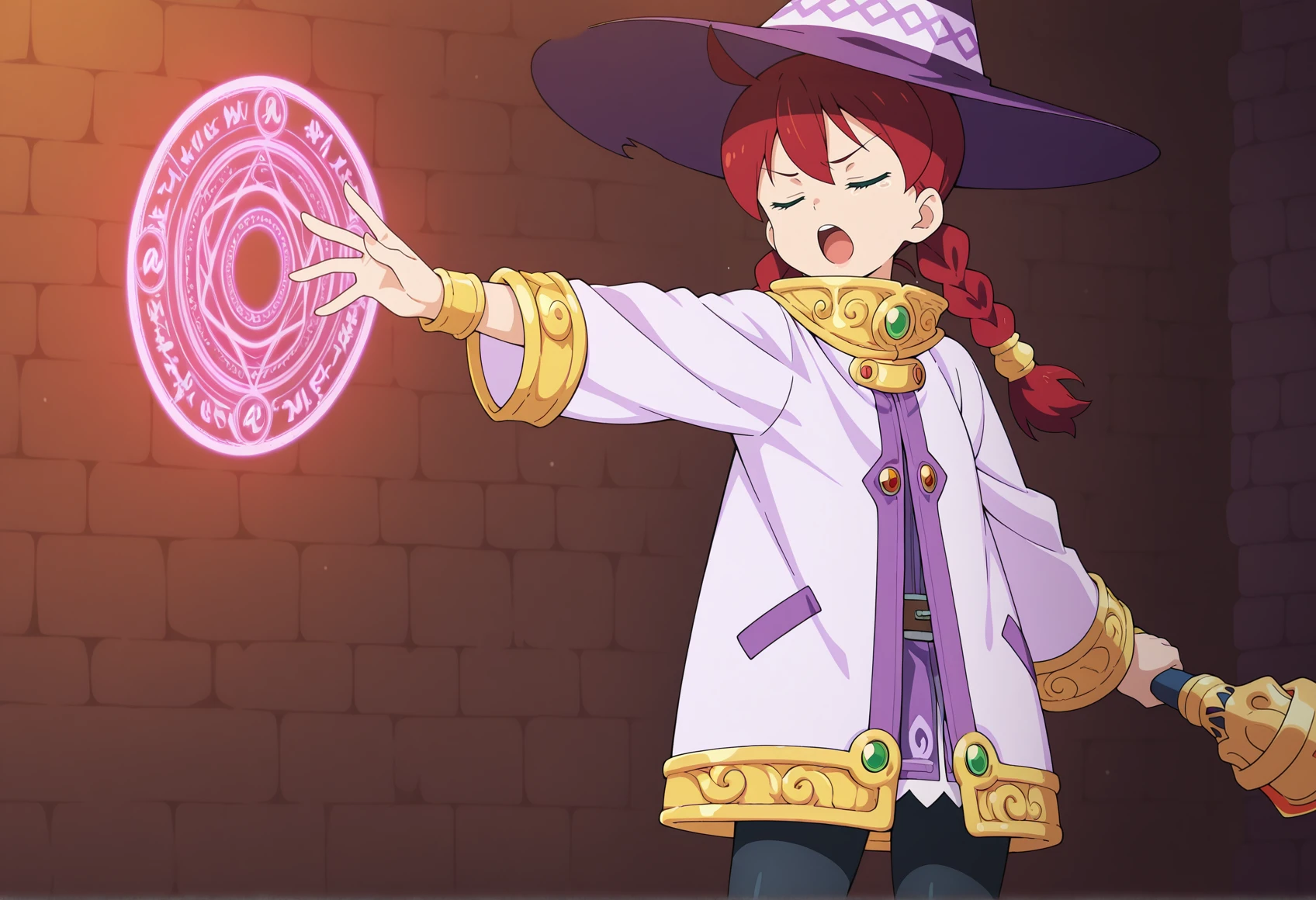 anime screencap, anime coloring, anime screenshot, 1girl, red hair, twin braids, green eyes, witch hat, white cloak, black pantyhose, boots, indoors, standing, dungeon, cowboy shot, casting spell, magic circle, closed eyes, open mouth, holding staff, magic, fire <lora:Sayaka_saru_illus:1> dynamic pose, outstretched arm, masterpiece, best quality, amazing quality, very aesthetic, absurdres, highres, newest
