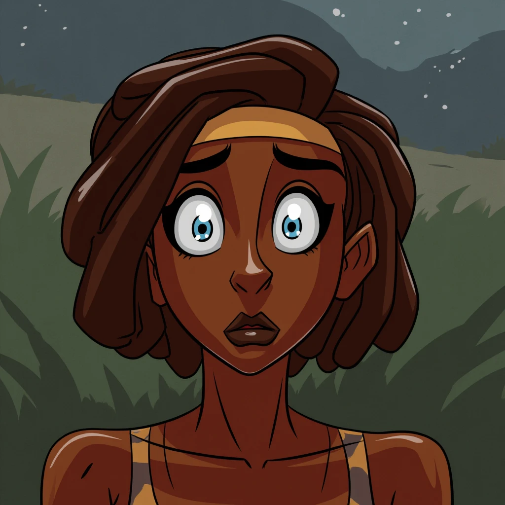 cinematic film still of  <lora:Tera_tyf v1:0.8>
cinematic Tera_tyf a realistic dark skin braided hair female character with a big staring wide blue eyes staring in big surprise, perfect image, perfect body, perfect anatomy, sharp image, detailed image, high quality photography, dramatic illustration style, Tera_tyf style, solo, looking at viewer, blue eyes, brown hair, headband, parody, grass, close-up, wide-eyed, straight-on, constricted pupils, hairband, eye focus, shallow depth of field, vignette, highly detailed, high budget, bokeh, cinemascope, moody, epic, gorgeous, film grain, grainy