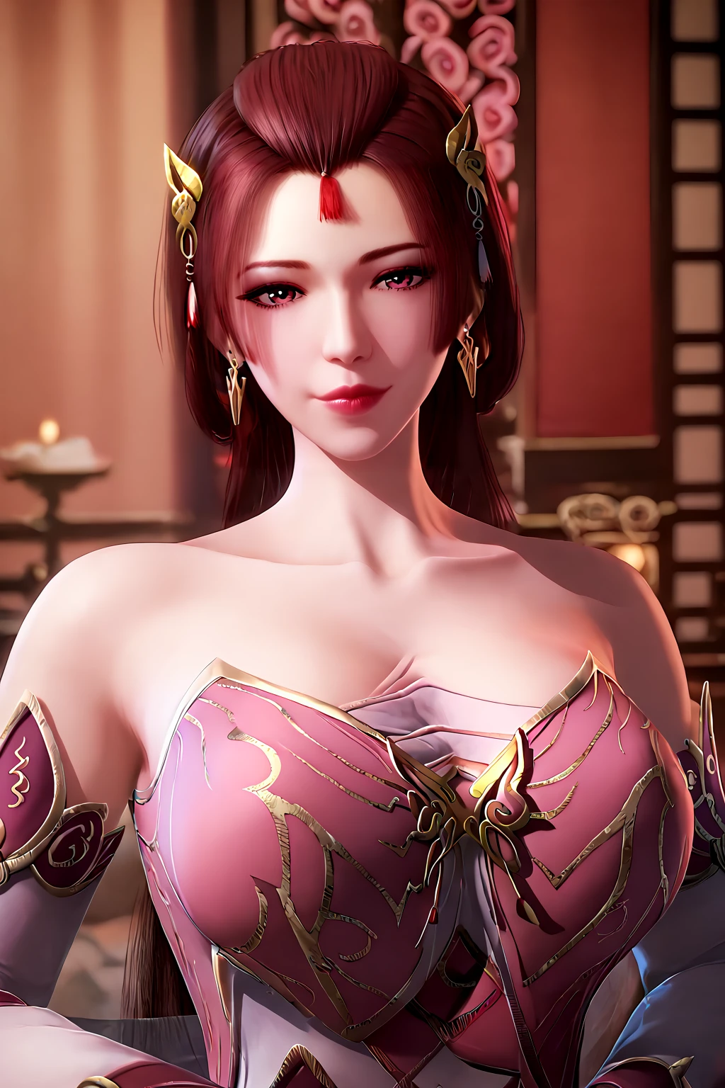 score_9,score_8_up,score_7_up,front view,
1girl,mature female,milf,huge breasts,upper body,looking at viewer,
Best quality,masterpiece,soft light,official art,high quality,highres,absurdres,epic scene,natural textures,<lora:Hu Mei Ren Pony:1>,hu mei ren,red hair,long hair,brown hair,hair ornament,bare shoulders,jewelry,earrings,forehead ornament,detached sleeves,pink dress,chinese clothes,