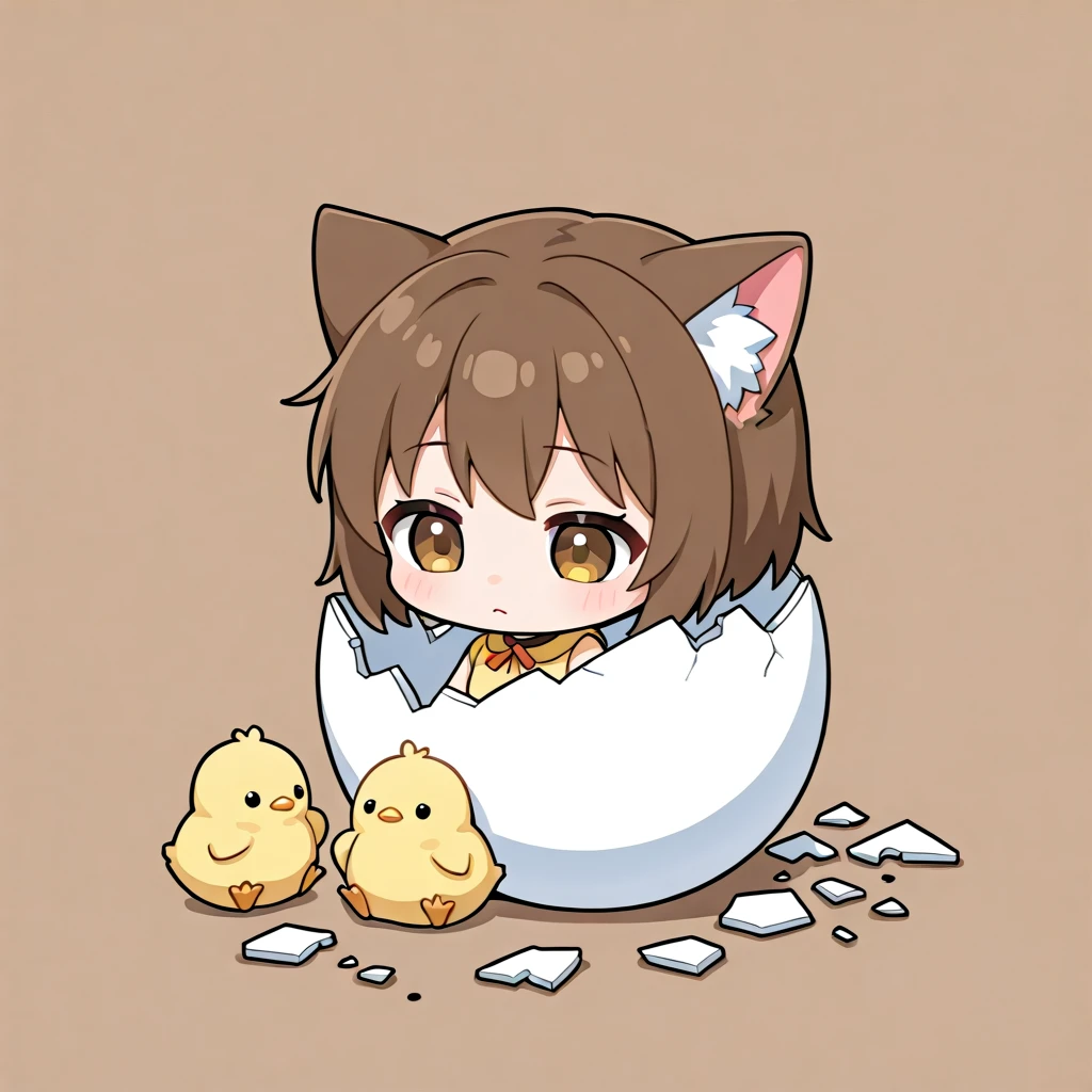 <lora:å­µå:1> chibi girl in hatched egg, broken pieces, cat and chick