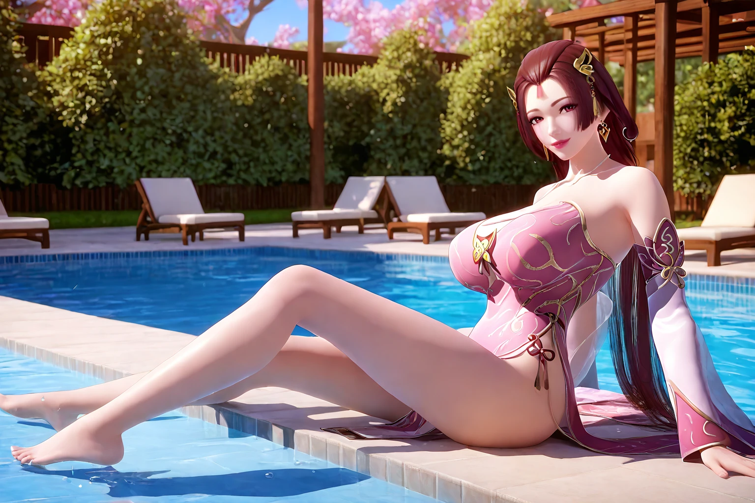 score_9,score_8_up,score_7_up,front view,from side,pool,tree,garden,sitting by the pool with feet fetching water,bowing the instep,straighten the instep,one foot in the pool with the another foot in air,water drop,
playing water,sitting on poolside,
1girl,mature female,milf,huge breasts,narrow waist,wide hips,sitting,foot in pool,looking at viewer,seductive smile,long legs,slim legs,
Best quality,masterpiece,soft light,official art,high quality,highres,absurdres,epic scene,natural textures,<lora:Hu Mei Ren Pony:1>,hu mei ren,red hair,long hair,brown hair,hair ornament,bare shoulders,jewelry,earrings,forehead ornament,detached sleeves,pink dress,chinese clothes,