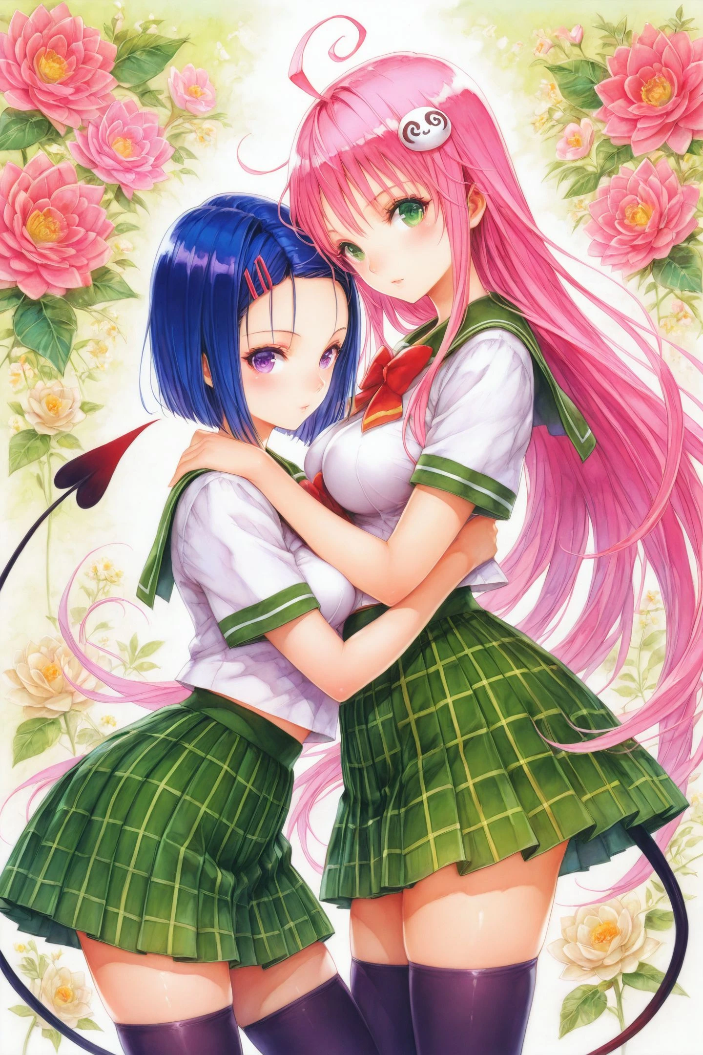 lala satalin deviluke,haruna sairenji,2girls,school uniform,thighhighs,pink hair,tail,long hair,skirt,green eyes,demon tail,short hair,hair ornament,hug,breasts,ahoge,blush,purple eyes,plaid skirt,plaid,blue hair,shirt,very long hair,zettai ryouiki,medium breasts,breast press,hairclip,looking at viewer,pleated skirt,green skirt,bow,flower,multicolored background,traditional media,watercolor \(medium\),
<lora:Yabuki Kentarou_illustriousXL:0.3>,
<lora:Yogisya_illustriousXL:1.8>,