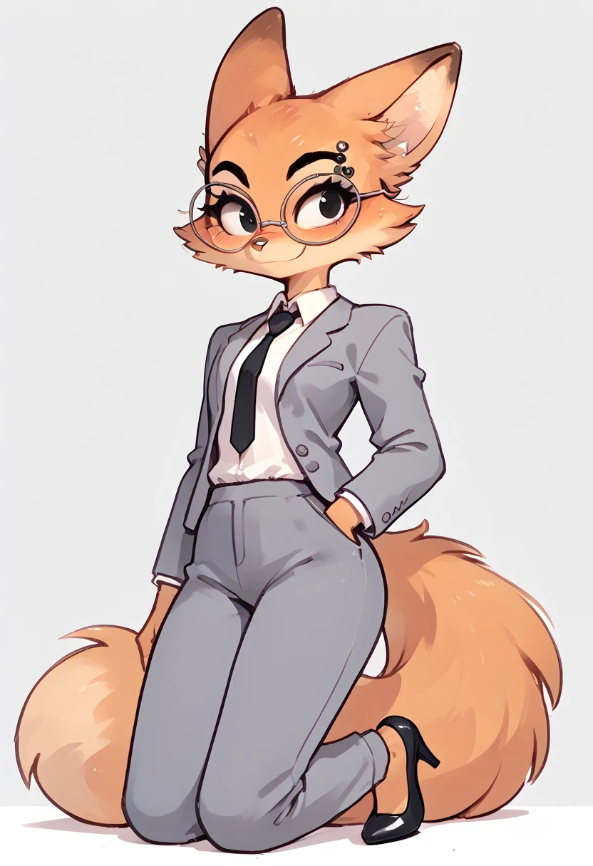 score_9, score_8_up, score_7_up, 1girl, Dian3Fox, fox, anthro, furry, ginger fur, black eyes, silver piercing on eyebrow, round glasses, fox ears, gray blazer, white shirt, black tie, gray pants, gray high heels, folded shirt collar