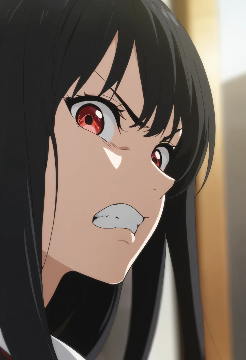 masterpiece, best quality, amazing quality, very aesthetic, absurdres, newest, <lora:MitsukiNase_Illustrious_v1:0.8>,mitsukinase, 1girl, solo, long hair, looking at viewer, bangs, black hair, red eyes, teeth, blurry, blurry background, clenched teeth, portrait, angry, close-up, scowl, disgust