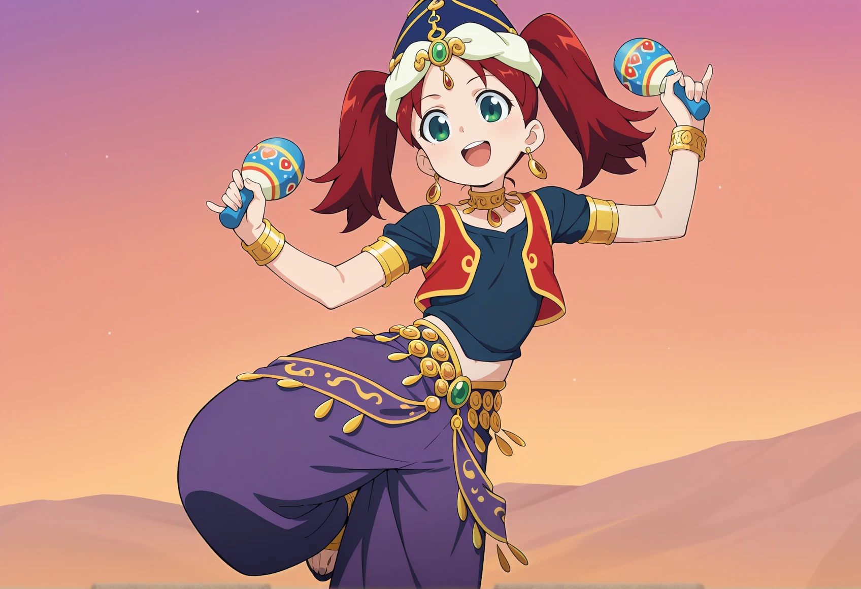 anime screencap, anime coloring, anime screenshot, 1girl, 1girl, solo, red hair, twintails, green eyes, earrings, arabian clothes, blue harem pants, pointy hat, forehead jewel, red vest, neck ring, armlet, bracelet, jewelry, t-shirt, short sleeves, on one leg, outdoors, dancing, maracas, one leg up <lora:Sayaka_saru_illus:1> smile, upper teeth only,, masterpiece, best quality, amazing quality, very aesthetic, absurdres, highres, newest