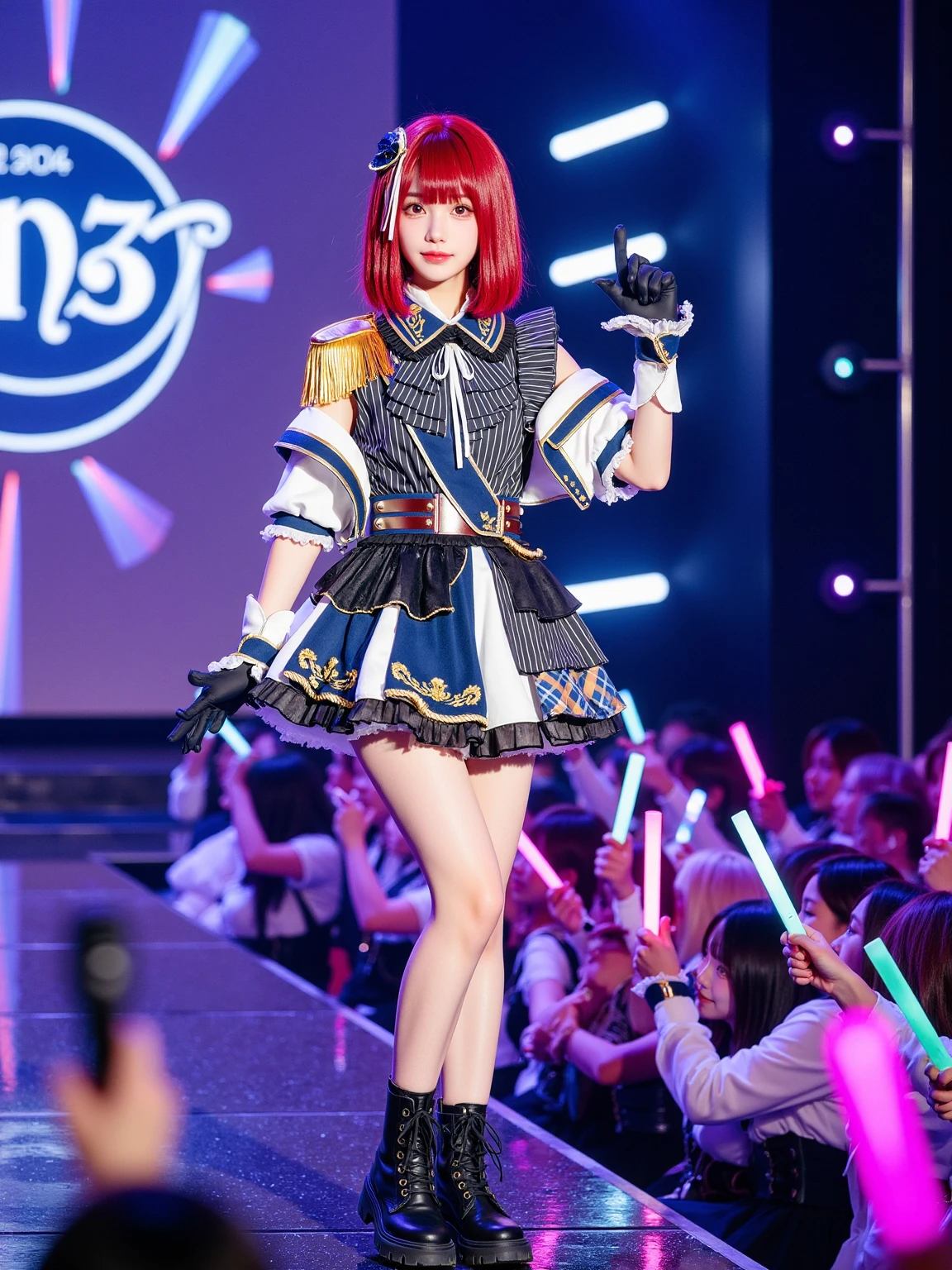 A realistic photo of a beautiful woman in cyb-arimakana cosplay costume. She is also wearing wrist cuffs and black gloves and ankle boots. She has red hair with hair ornament. She is standing and holding a microphone in dynamic pose. The background is in a small, intimate venue. The stage is adorned with colorful lights and a backdrop featuring the idol group's logo. The audience is filled with enthusiastic fans waving glow sticks, creating a mesmerizing sea of color. The photo is a full body shot with her entire body visible and with detail background.