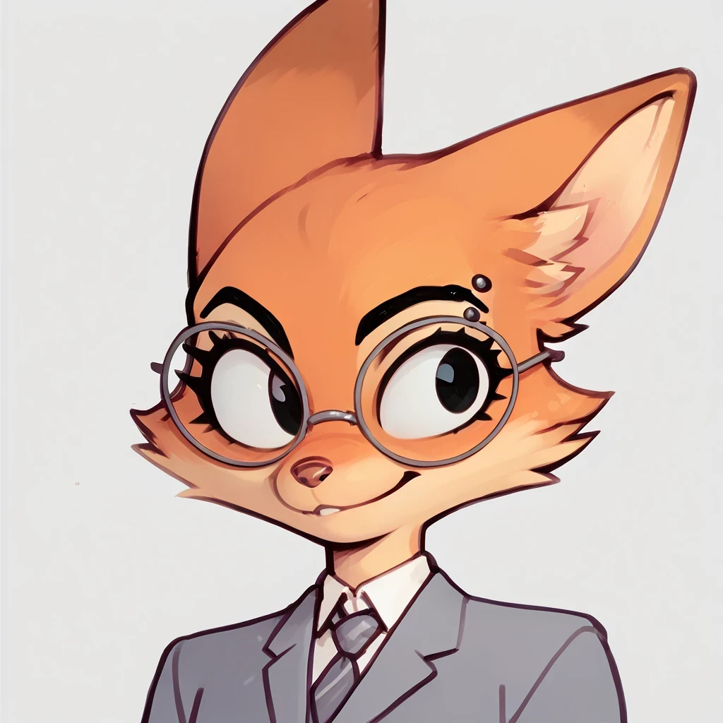 score_9, score_8_up, score_7_up, 1girl, Dian3Fox, fox, anthro, furry, ginger fur, black eyes, silver piercing on eyebrow, round glasses, fox ears, gray blazer,