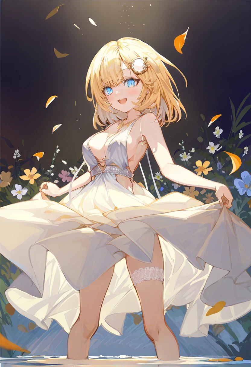 watson amelia, 1girl, virtual youtuber, blonde hair, dress, breasts, solo, blue eyes, white dress, hair ornament, smile, monocle hair ornament, bob cut, flower, cleavage, open mouth, skirt hold, :d, looking at viewer, medium hair, bangs, jewelry, blush, halter dress, medium breasts, petals, sleeveless dress, sleeveless, wading, standing, bare shoulders, thigh strap <lora:akiZeroXL_il1_lokr_V6311P:0.95>