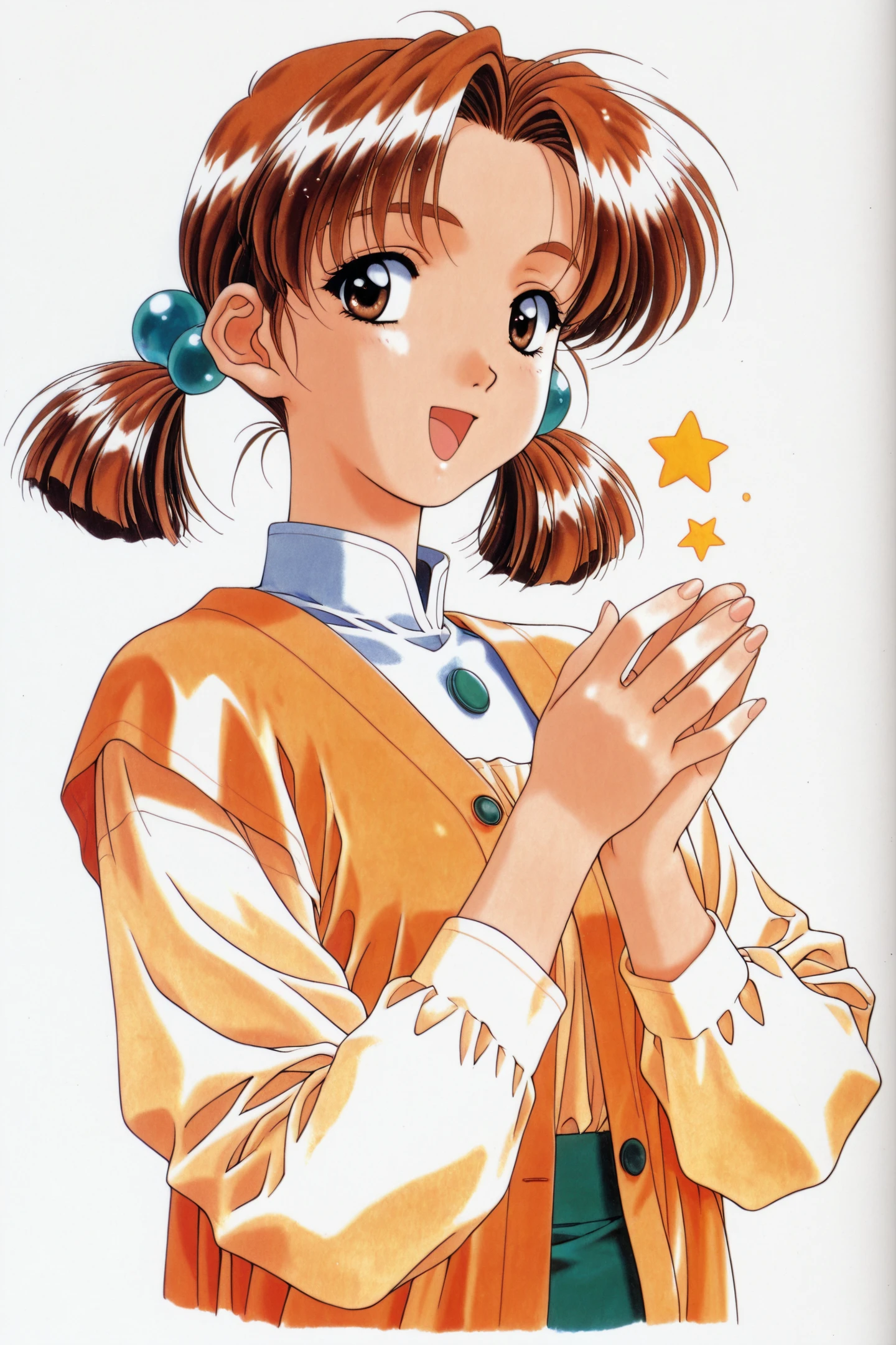 Emiru Nagakura,1girl,brown hair,twintails,open mouth,brown eyes,retro artstyle,1990s \(style\),solo,hair ornament,hair bobbles,white background,star \(symbol\),looking at viewer,long sleeves,simple background,smile,bangs,upper body,short twintails,short hair,:d,
<lora:Mizutani Tooru_illustriousXL:1>,