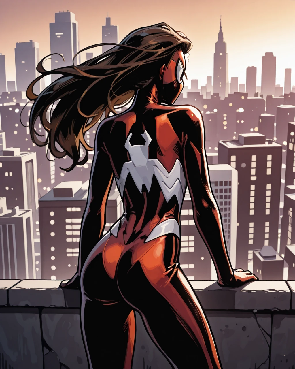 masterpiece, best quality, absurdres, perfect quality, absolutely eye-catching, <lora:UltimateSpiderWomanIllus:1> 1girl, ultjess, long hair, brown hair, bodysuit, mask, from behind, cityscape,