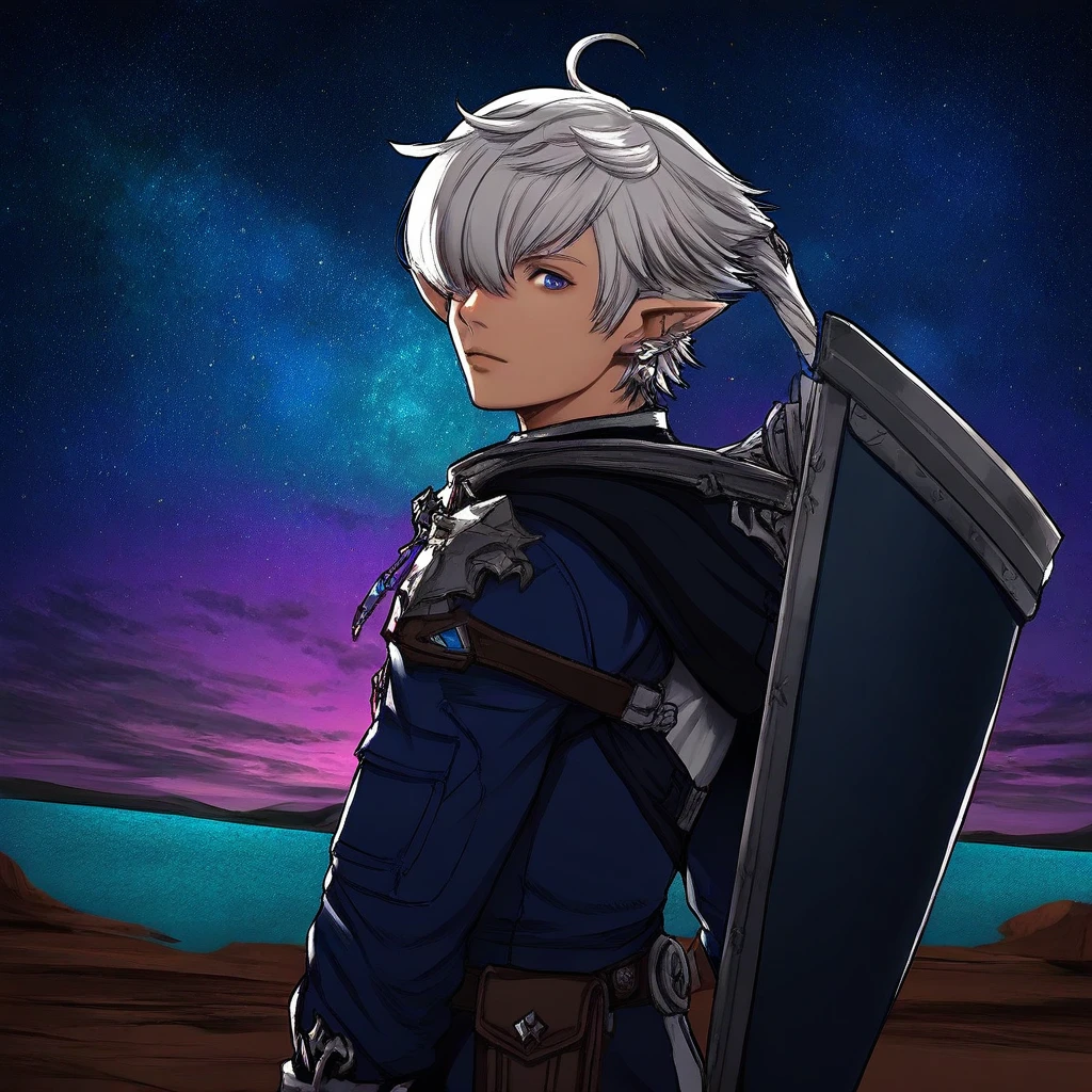 masterpiece, best quality, absurdres, very aesthetic, Alphinaud, 1boy, male focus, looking at viewer, blue eyes, pointy ears, elezen, jewelry, standing, jacket, upper body, weapon, ahoge, outdoors, sky, hair over one eye, from side, blue jacket, star (sky), starry sky, shield, pouch, earclip