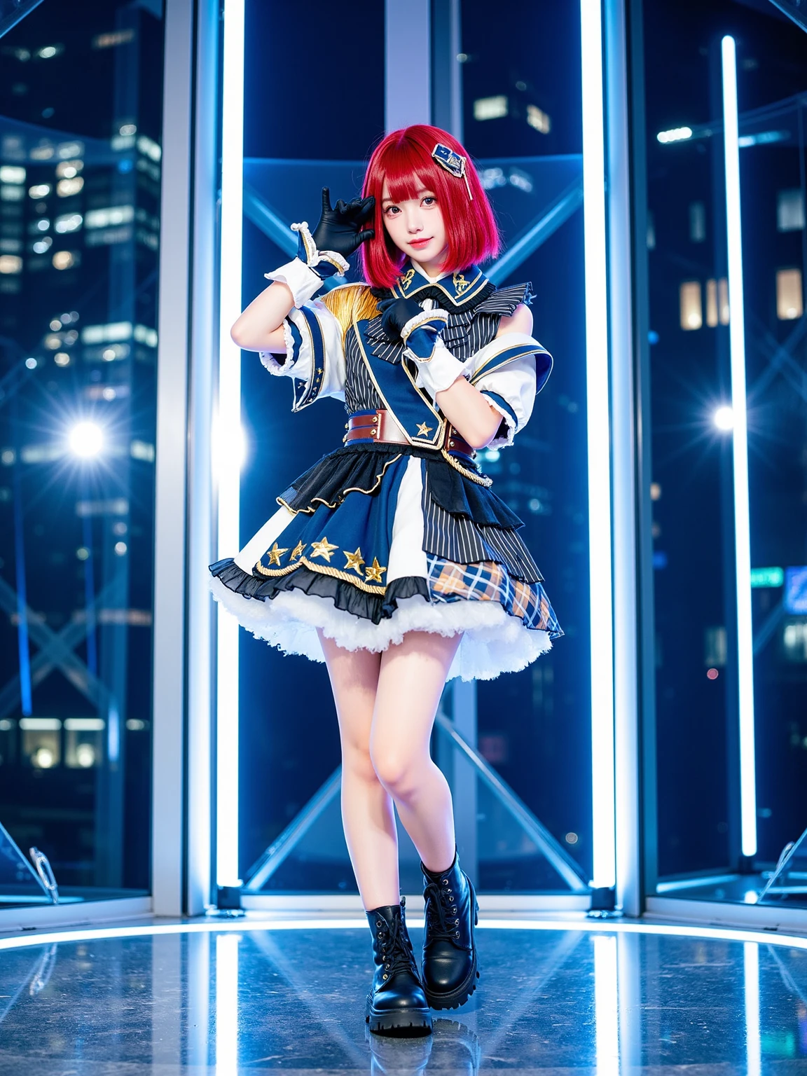 A realistic photo of a beautiful woman in cyb-arimakana cosplay costume. She is also wearing wrist cuffs and black gloves and ankle boots. She has red hair with hair ornament. She is standing and holding a microphone in dynamic pose. The background is an avant-garde idol stage with neon light surrounded by towering skyscrapers visible through glass walls at night. The photo is a full body shot with her entire body visible and with detail background.