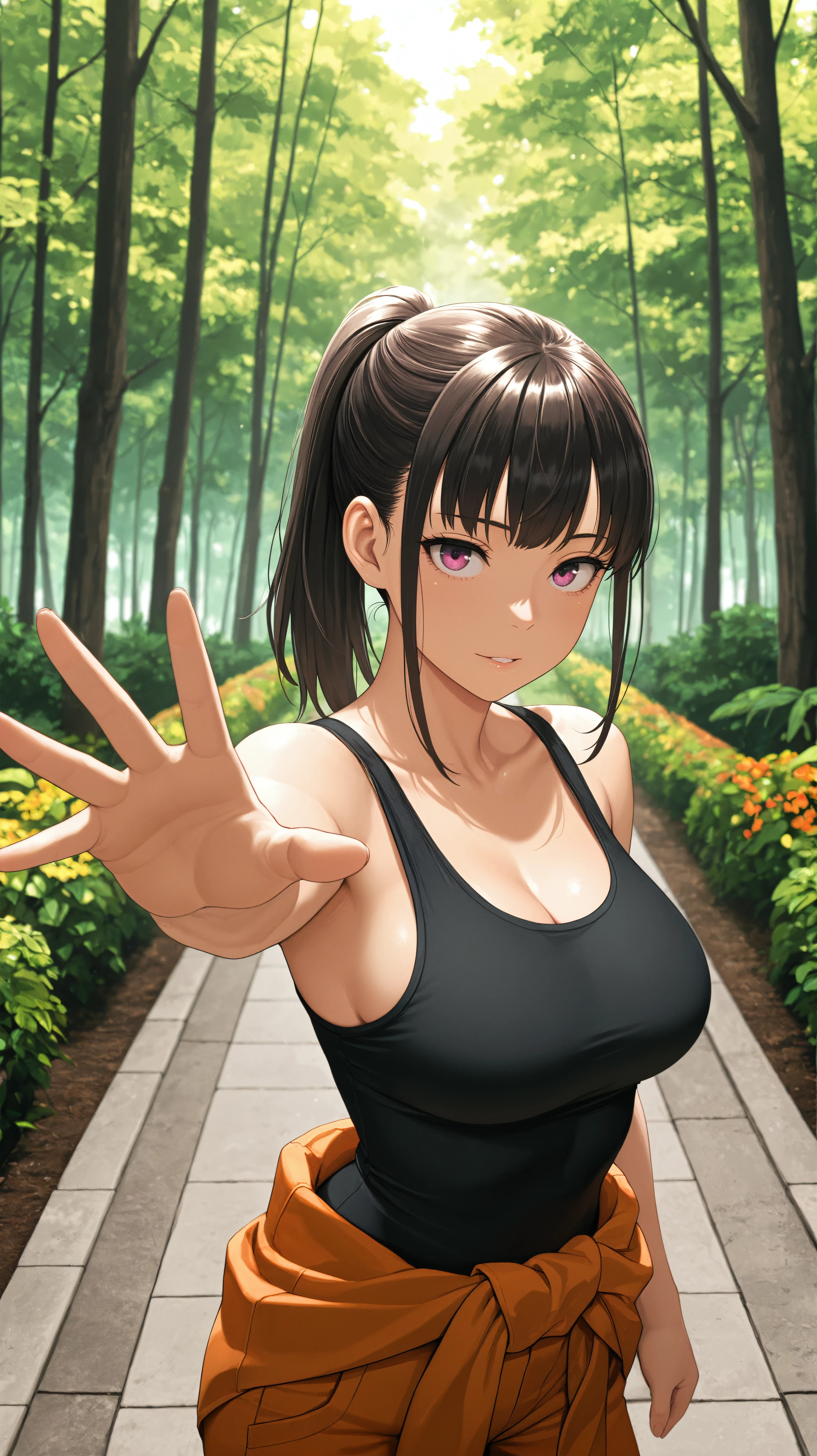 masterpiece, best quality, amazing quality, girl, outstretched hand, <lora:Maki Oze - Illu:0.9>, long hair, dark brown hair, ponytail, purple eyes, fit, black tank top, orange pants, orange jumpsuit, jacket around waist, orange jacket, forest, outdoors, garden,