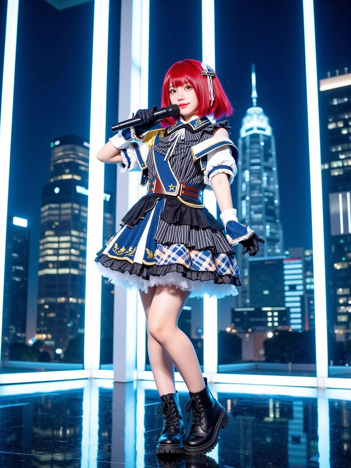 A realistic photo of a beautiful woman in cyb-arimakana cosplay costume. She is also wearing wrist cuffs and black gloves and ankle boots. She has red hair with hair ornament. She is standing and holding a microphone in dynamic pose. The background is an avant-garde idol stage with neon light surrounded by towering skyscrapers visible through glass walls at night. The photo is a full body shot with her entire body visible and with detail background.
