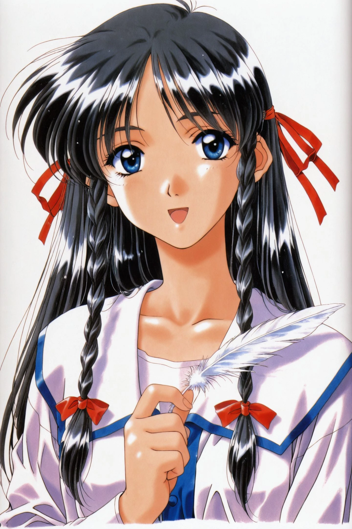 Manami Sugihara,1girl,solo,long hair,braid,feathers,blue eyes,long sleeves,ribbon,hair ribbon,black hair,retro artstyle,looking at viewer,upper body,twin braids,white background,1990s \(style\),simple background,bangs,white feathers,smile,open mouth,
<lora:Mizutani Tooru_illustriousXL:1>,
