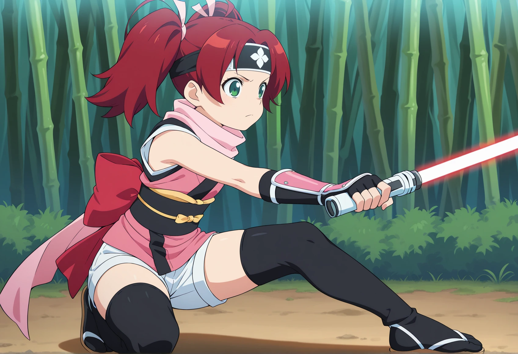 anime screencap, anime coloring, anime screenshot, 1girl, red hair, twintails, green eyes, headband, hair ornament, pink scarf, ninja, japanese clothes, sleeveless, obi, white shorts, thighhighs, tabi, sandals, fingerless gloves, lightsaber, fighting stance, outdoors, bamboo forest <lora:Sayaka_saru_illus:1>, masterpiece, best quality, amazing quality, very aesthetic, absurdres, highres, newest