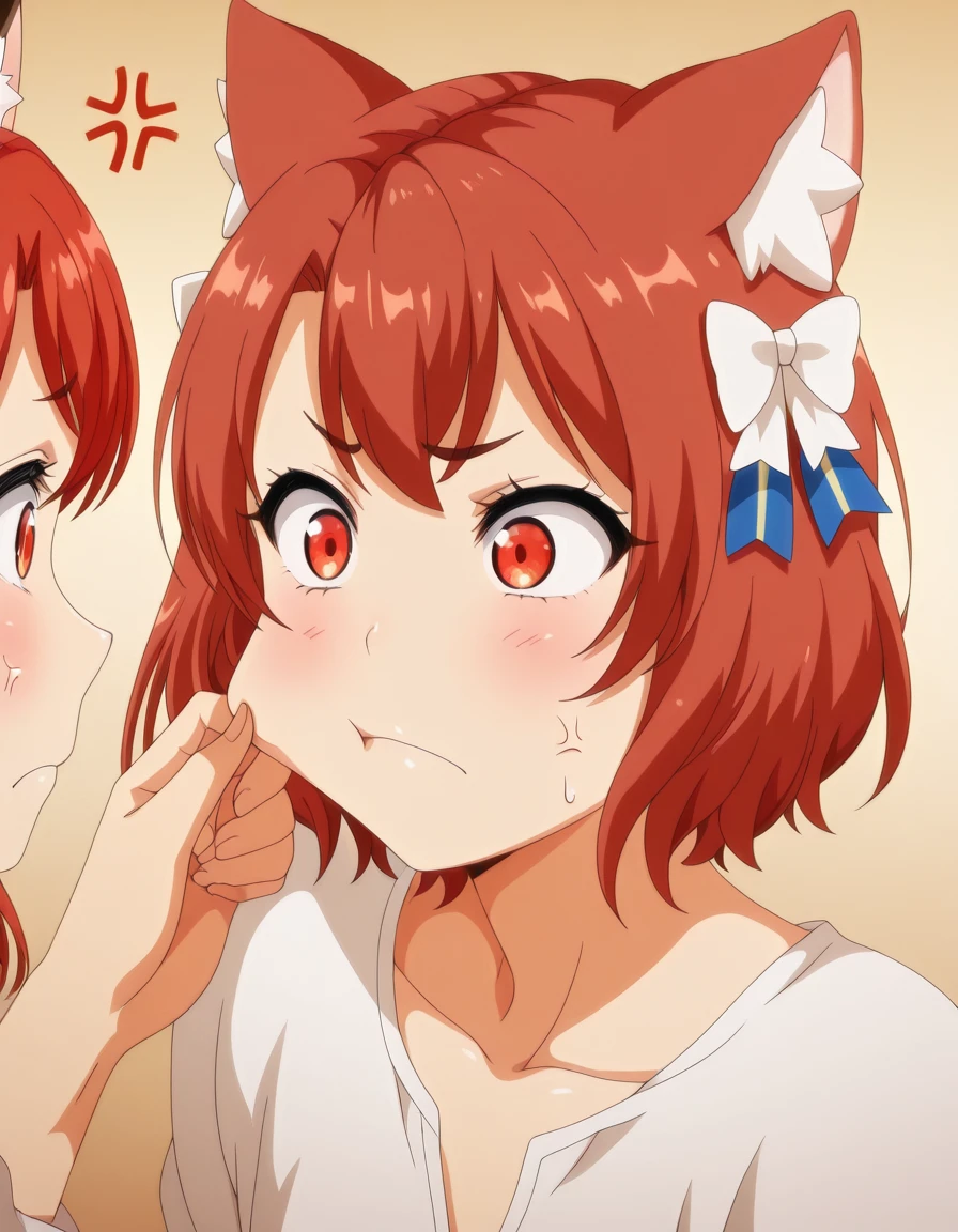 masterpiece, best quality, amazing quality,, <lora:yui-obata-ova-illustriousxl-lora-nochekaiser:1>, yui obata, medium hair, hair ornament, red eyes, red hair, hairclip, mature female, breasts, anime screencap, <lora:mutual-cheek-pinching-illustriousxl-lora-nochekaiser:1>, mutual cheek pinching, blush, closed mouth, frown, anger vein, angry, pinching, cheek pinching, hetero, looking at another, <lora:felix-argyle-s3-illustriousxl-lora-nochekaiser:1>, felix argyle, short hair, bangs, brown hair, bow, animal ears, hair bow, male focus, cat ears, eyelashes, bob cut, white bow, otoko no ko, 1boy