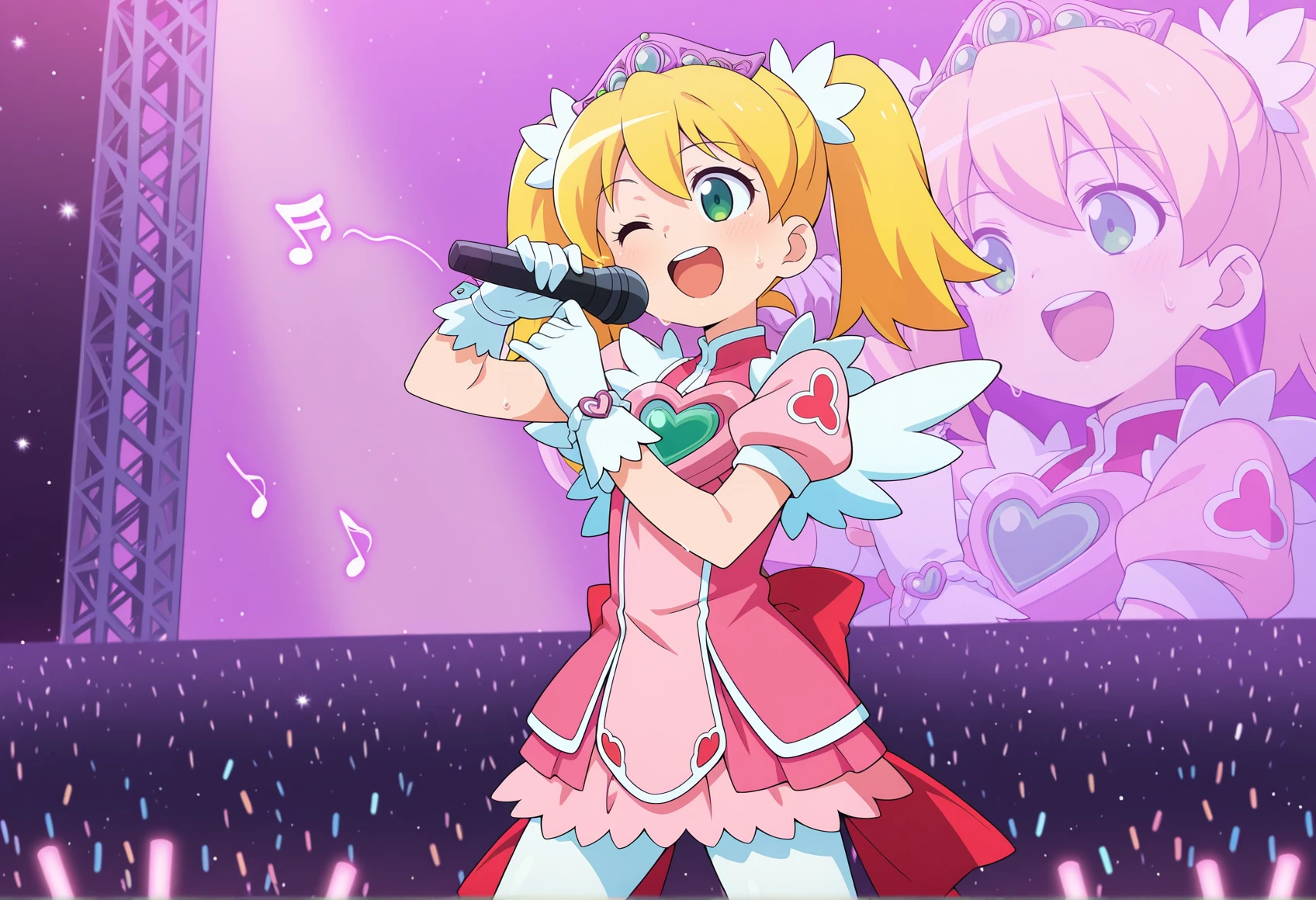 anime screencap, anime coloring, anime screenshot, 1girl, 1girl, blonde hair, twintails, green eyes, pink dress, tiara, short sleeves, gloves, wrist cuffs, ribbon, heart, short sleeves, wings, feathers, white pantyhose, wink, magical gir, star \(symbol\), v. holding microphone, stage, stage lights, audience, glowsticks, sweat, singing, musical note, <lora:Sayaka_saru_illus:1> smile, upper teeth only,, masterpiece, best quality, amazing quality, very aesthetic, absurdres, highres, newest