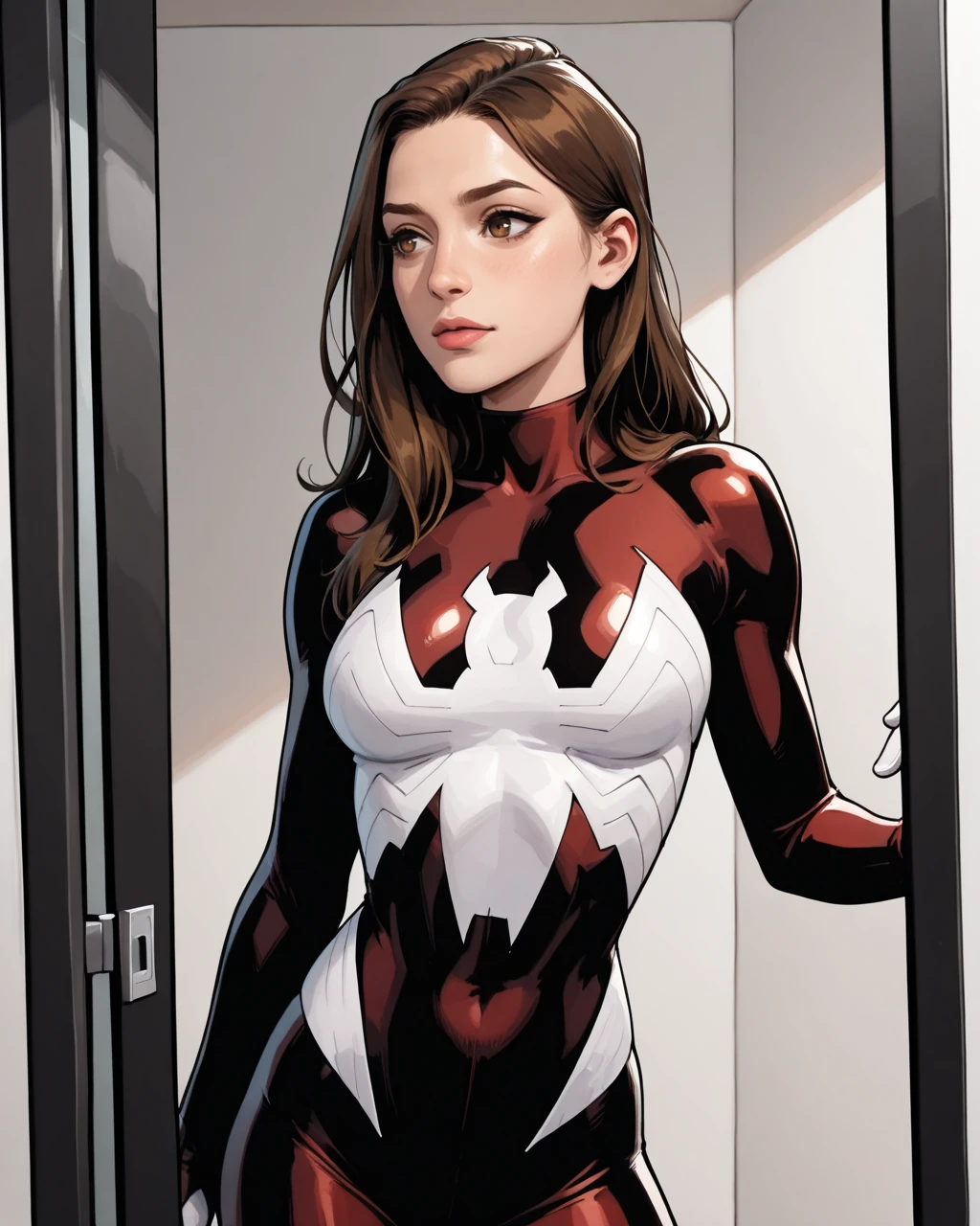 masterpiece, best quality, absurdres, perfect quality, absolutely eye-catching, <lora:UltimateSpiderWomanIllus:1> 1girl, ultjess, long hair, brown hair, brown eyes, bodysuit,