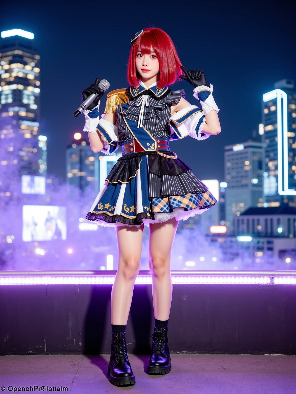 A realistic photo of a beautiful woman in cyb-arimakana cosplay costume. She is also wearing wrist cuffs and black gloves and ankle boots. She has red hair with hair ornament. She is standing and holding a microphone in dynamic pose. The background is the edge of the roof with neon and led lights at night with mist, behind is a futuristic cyberpunk skyline with skyscrapers. The photo is a full body shot with her entire body visible and with detail background.