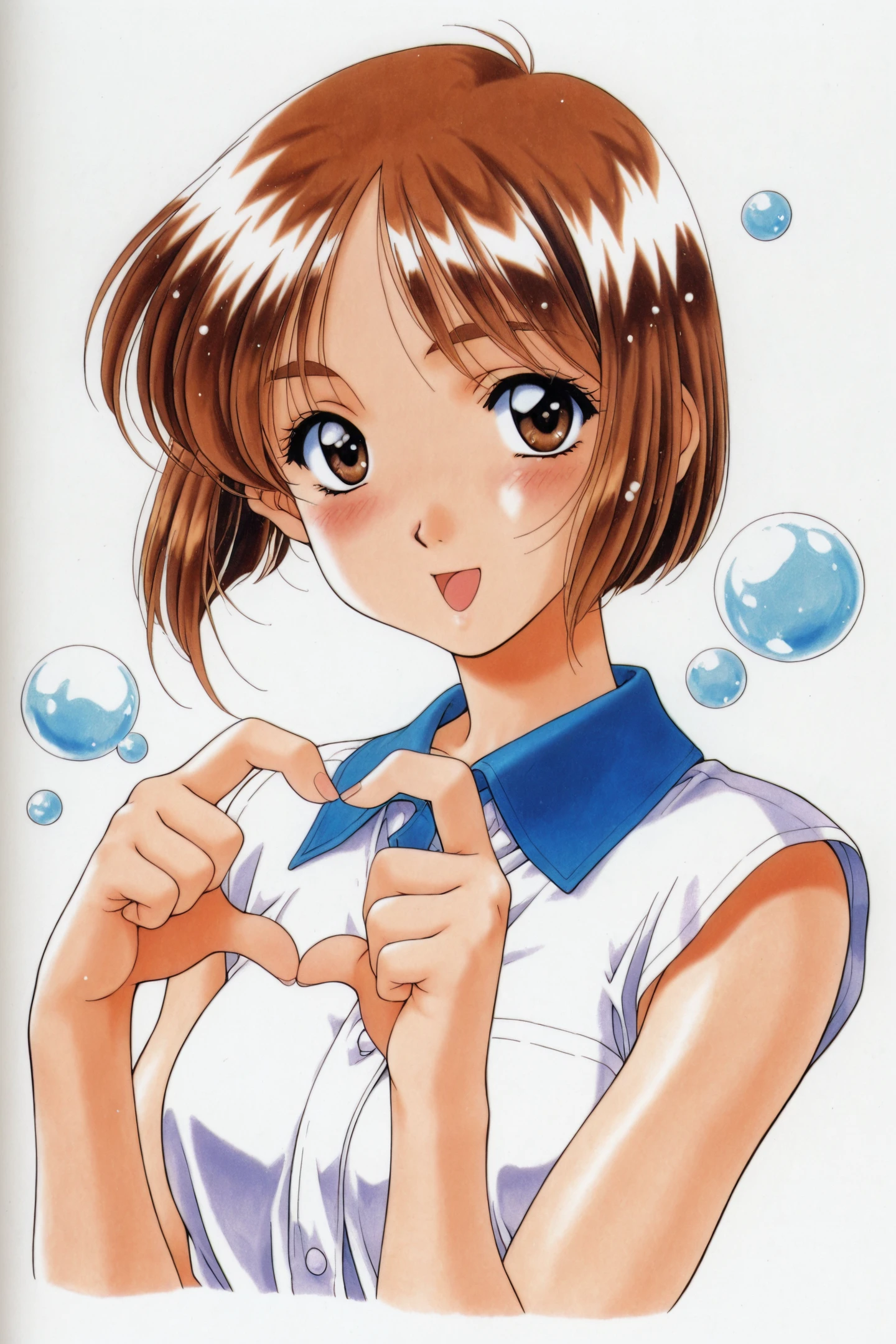 Rurika Yamamoto,1girl,solo,brown hair,brown eyes,short hair,open mouth,looking at viewer,white background,smile,simple background,upper body,sleeveless,own hands together,blush,traditional media,retro artstyle,bangs,bubble,heart hands,
<lora:Mizutani Tooru_illustriousXL:1>,