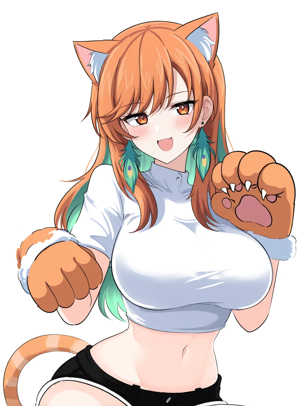 score_9, score_6_wonderful, sauce_anime, One Girl, alone,Bedroom, Cowboy Shot,, Sumireko Ogawa、slim, blush、Big Breasts、Huge breasts 、smile、cat lingerie, choker, Neck bell、Cat paw gloves、