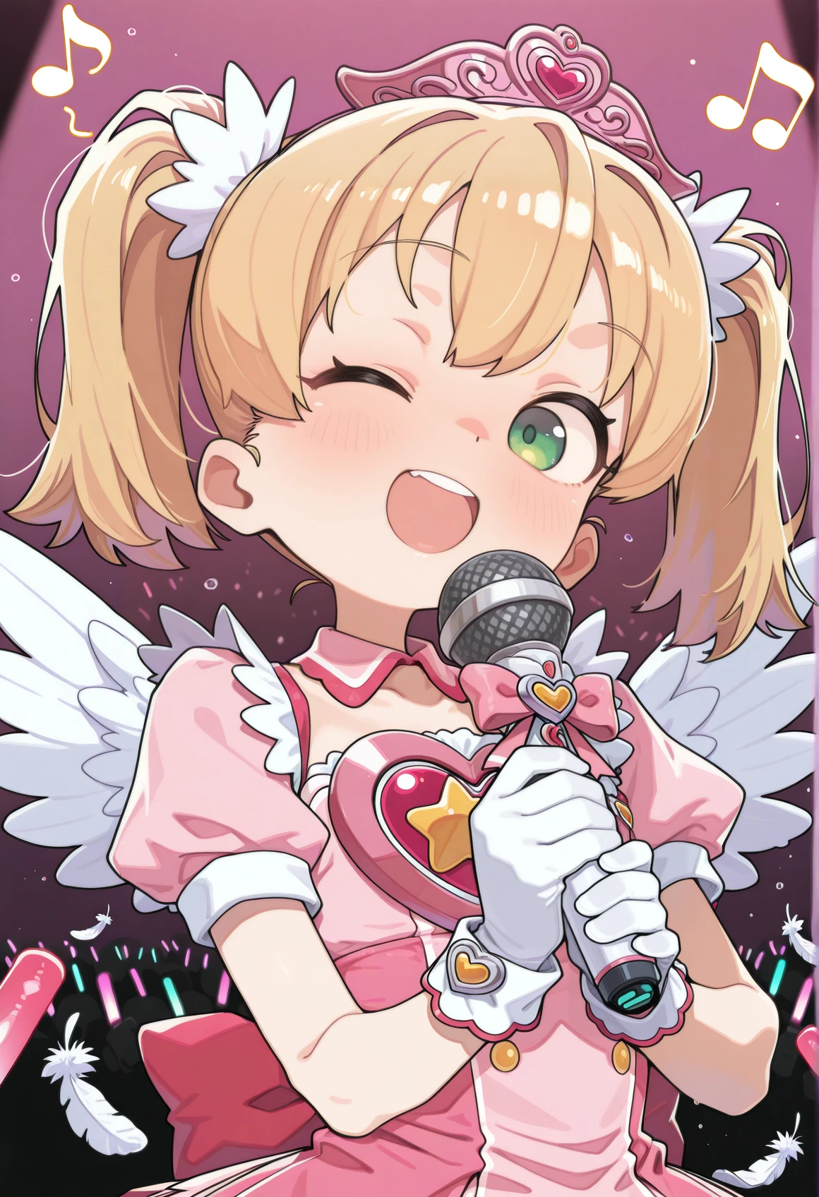 1girl, blonde hair, twintails, green eyes, pink dress, tiara, short sleeves, gloves, wrist cuffs, ribbon, heart, short sleeves, wings, feathers, upper body, wink, magical gir, star \(symbol\), v. holding microphone, stage, stage lights, audience, glowsticks, singing, musical note, <lora:Sayaka_saru_illus:0.8> smile, upper teeth only, <lora:sabotenman_2:1>, masterpiece, best quality, amazing quality, very aesthetic, absurdres, highres, newest