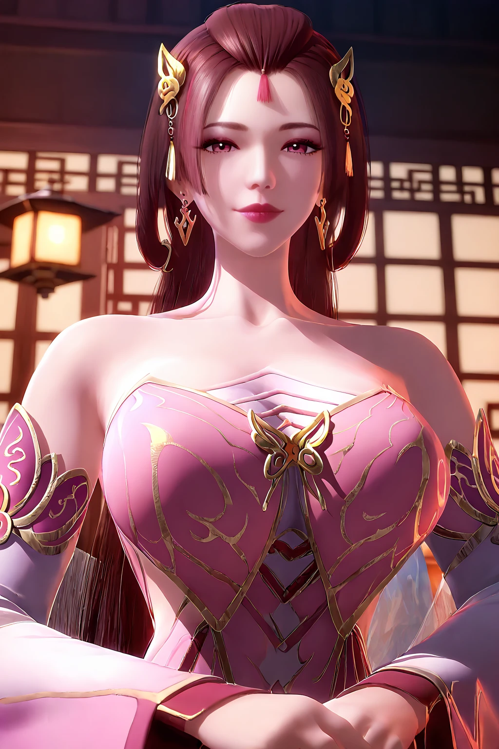 score_9,score_8_up,score_7_up,front view,
1girl,mature female,milf,huge breasts,upper body,looking at viewer,
Best quality,masterpiece,soft light,official art,high quality,highres,absurdres,epic scene,natural textures,<lora:Hu Mei Ren Pony:1>,hu mei ren,red hair,long hair,brown hair,hair ornament,bare shoulders,jewelry,earrings,forehead ornament,detached sleeves,pink dress,chinese clothes,