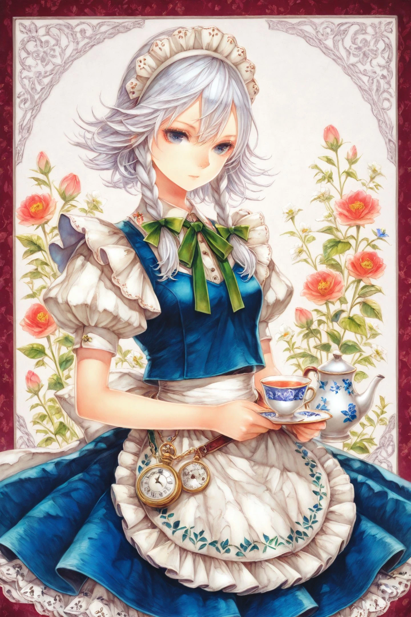 1girl,solo,izayoi sakuya,pocket watch,watch,teacup,braid,cup,maid headdress,puffy sleeves,twin braids,white hair,short sleeves,apron,flower,puffy short sleeves,playing card,teapot,card,ribbon,waist apron,traditional media,
<lora:Yogisya_illustriousXL:1.5>,