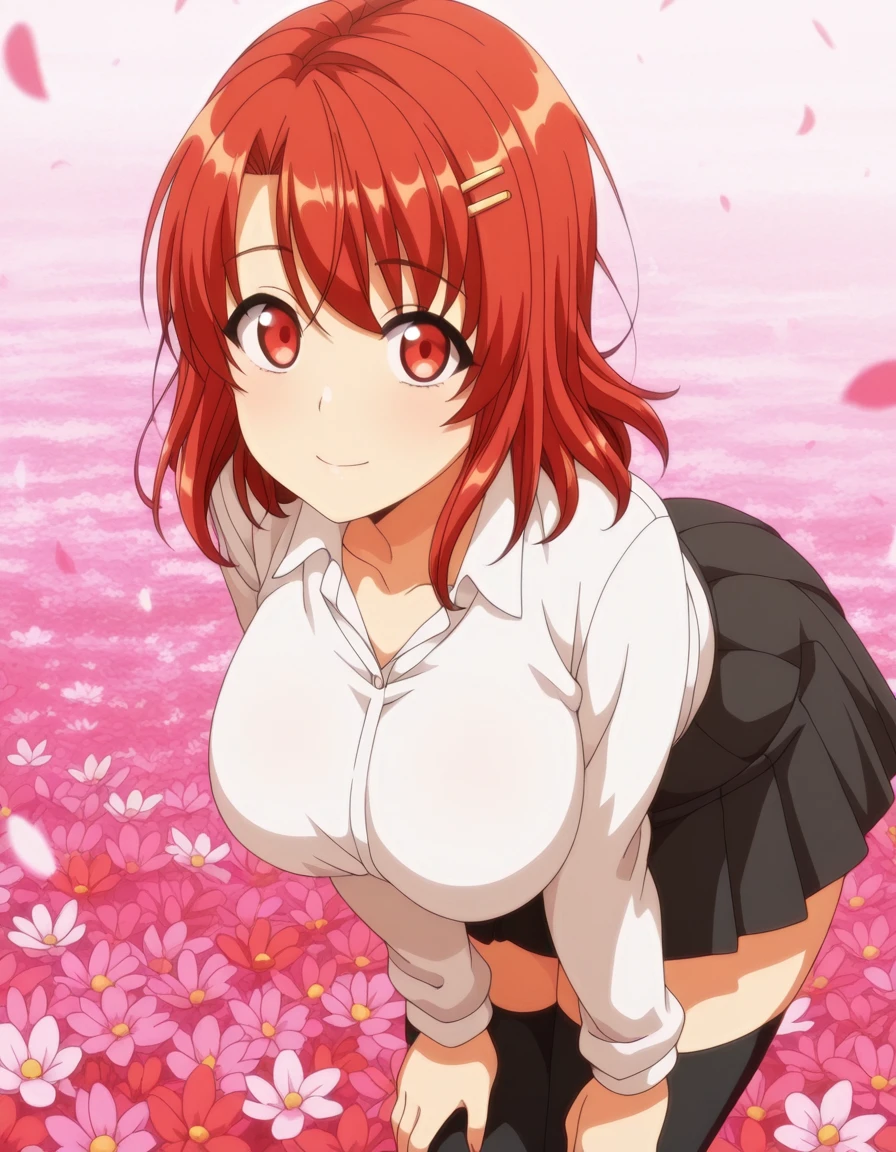 masterpiece, best quality, amazing quality,, <lora:yui-obata-ova-illustriousxl-lora-nochekaiser:1>, yui obata, medium hair, hair ornament, red eyes, red hair, hairclip, mature female, breasts, anime screencap, white shirt, collared shirt, long sleeves, black skirt, pleated skirt, collarbone, thighhighs, black thighhighs, hands on own knees, flower field, colorful, petals, scent, bloom, cowboy shot, solo, looking at viewer