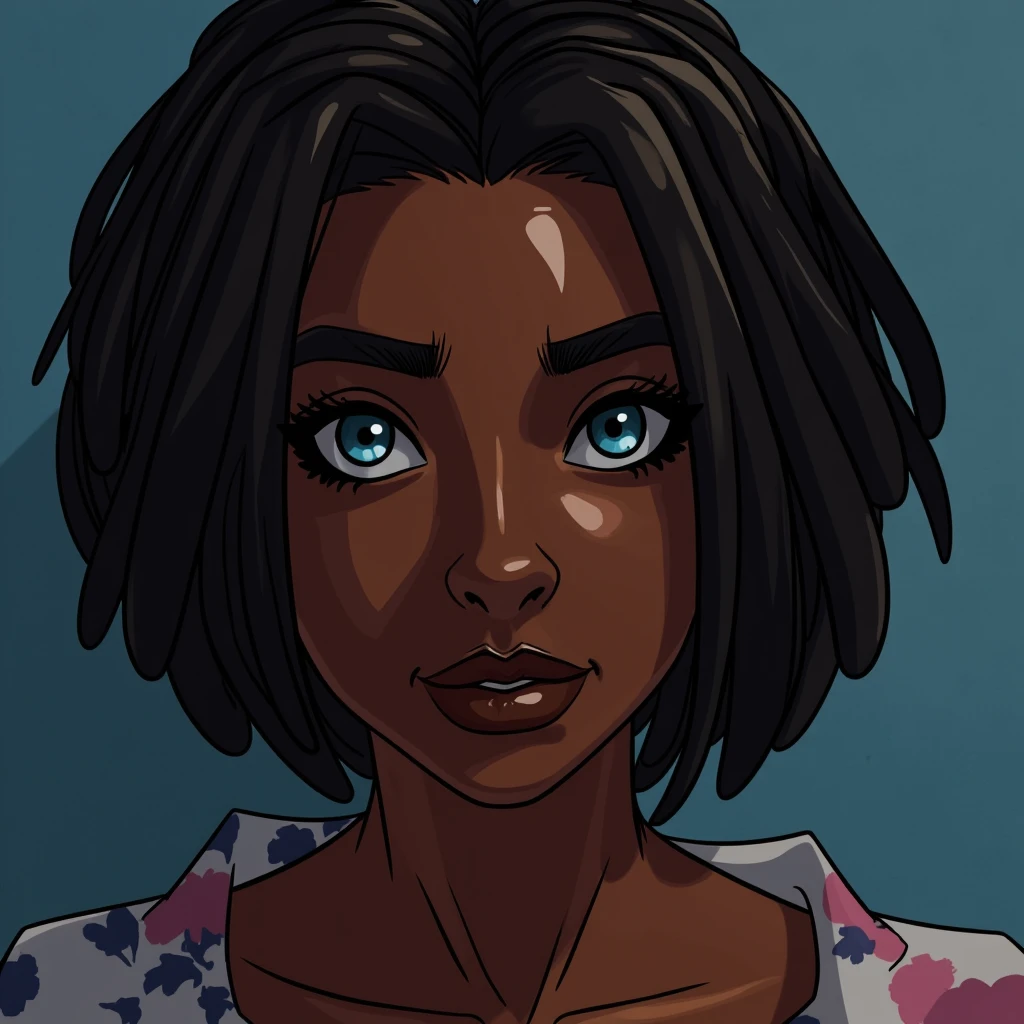 UHD, 4k, ultra detailed, cinematic, a photograph of  <lora:Tera_tyf v1:0.5> Realistic Tera_tyf dark skin braided short hair blue eyes
a woman with long black hair and a floral shirt, epic, beautiful lighting, inpsiring