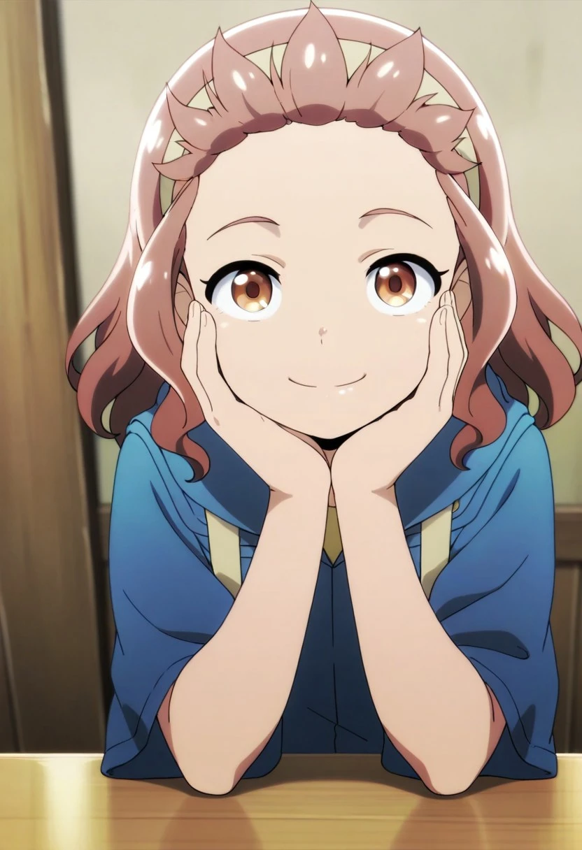 masterpiece,best quality,amazing quality,faina jinlin, reddish-brown hair, short hair, brown eyes, 1girl, solo, looking at viewer, smile, hairband, hand on own face