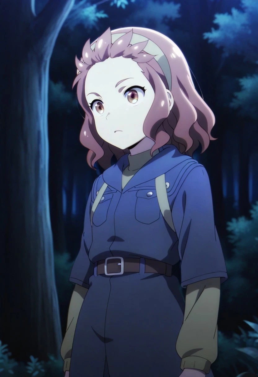 masterpiece,best quality,amazing quality, faina jinlin, reddish-brown hair, short hair, brown eyes, 1girl, solo, hairband, night, tree, belt, outdoors, forest, nature