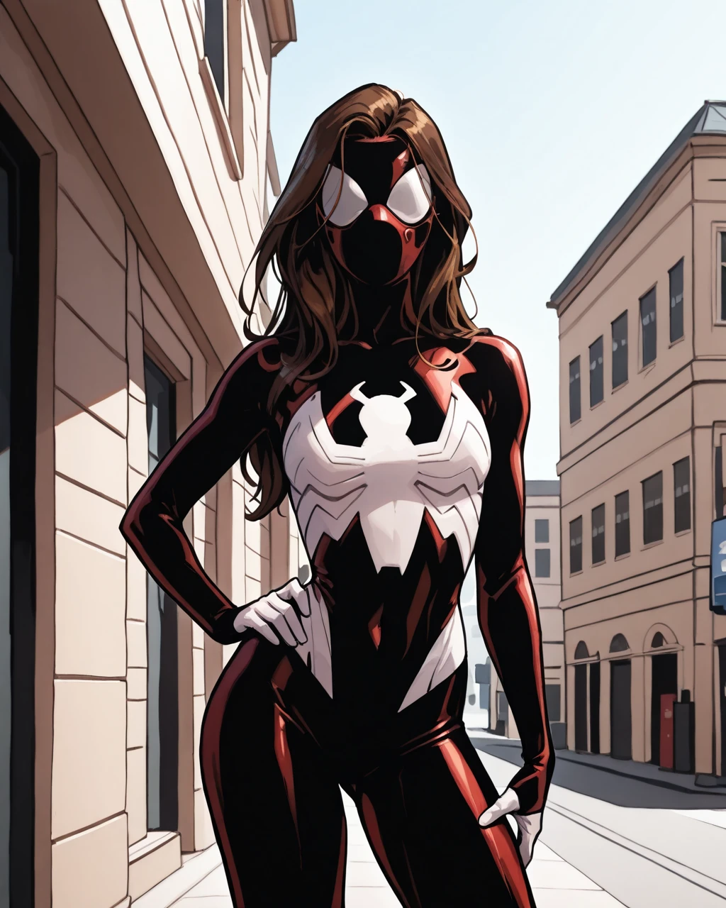 masterpiece, best quality, absurdres, perfect quality, absolutely eye-catching, <lora:UltimateSpiderWomanIllus:1> 1girl, ultjess, long hair, brown hair, bodysuit, mask, contrapposto, one hand on hip,