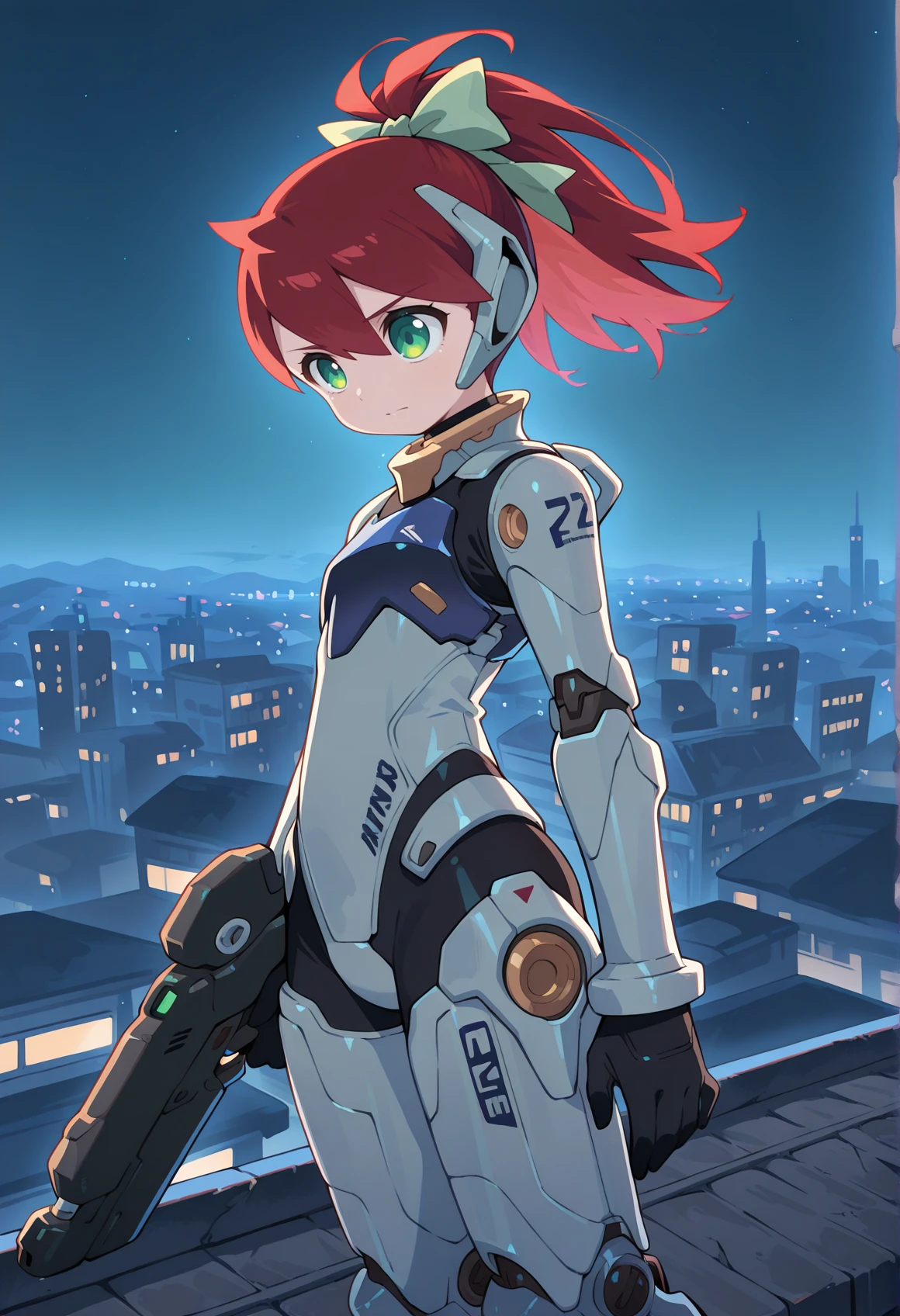 upper body 1girl, red hair, green eyes, ponytail, armored bodysuit, armor, mecha musume, mechanical arms, mechanical legs, holding gun, hair bow, science fiction, outdoors, city, on rooftop, night <lora:Sayaka_saru_illus:0.8> <lora:tooru_illus:1>, masterpiece, best quality, amazing quality, very aesthetic, absurdres, highres, newest