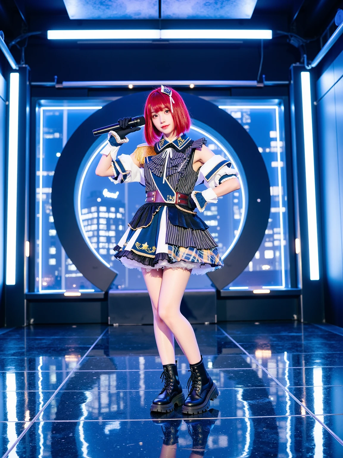 A realistic photo of a beautiful woman in cyb-arimakana cosplay costume. She is also wearing wrist cuffs and black gloves and ankle boots. She has red hair with hair ornament. She is standing and holding a microphone in dynamic pose. The background is an avant-garde idol stage with neon light surrounded by towering skyscrapers visible through glass walls at night. The photo is a full body shot with her entire body visible and with detail background.