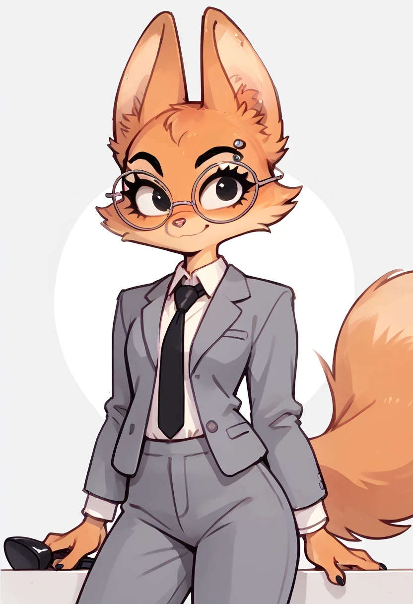 score_9, score_8_up, score_7_up, 1girl, Dian3Fox, fox, anthro, furry, ginger fur, black eyes, silver piercing on eyebrow, round glasses, fox ears, gray blazer, white shirt, black tie, gray pants, gray high heels, folded shirt collar