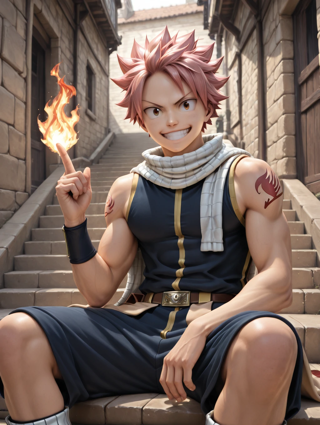 (best quality,4k,8k,highres,masterpiece:1.2),ultra-detailed,(realistic,photorealistic,photo-realistic:1.37),boy,translucent tongue,well-developed chest muscles,large bag,white cotton socks,half-reclining,CG style,tight underwear,Natsu Dragneel,medium:3.0,detailed eyes and face,strong physique,vibrant personality,sparkling eyes,spiky pink hair,white scarf,dragon slayer magic,fiery aura,fiery background,vivid colors,sharp focus,physically-based rendering,castle in the background,adventurous pose